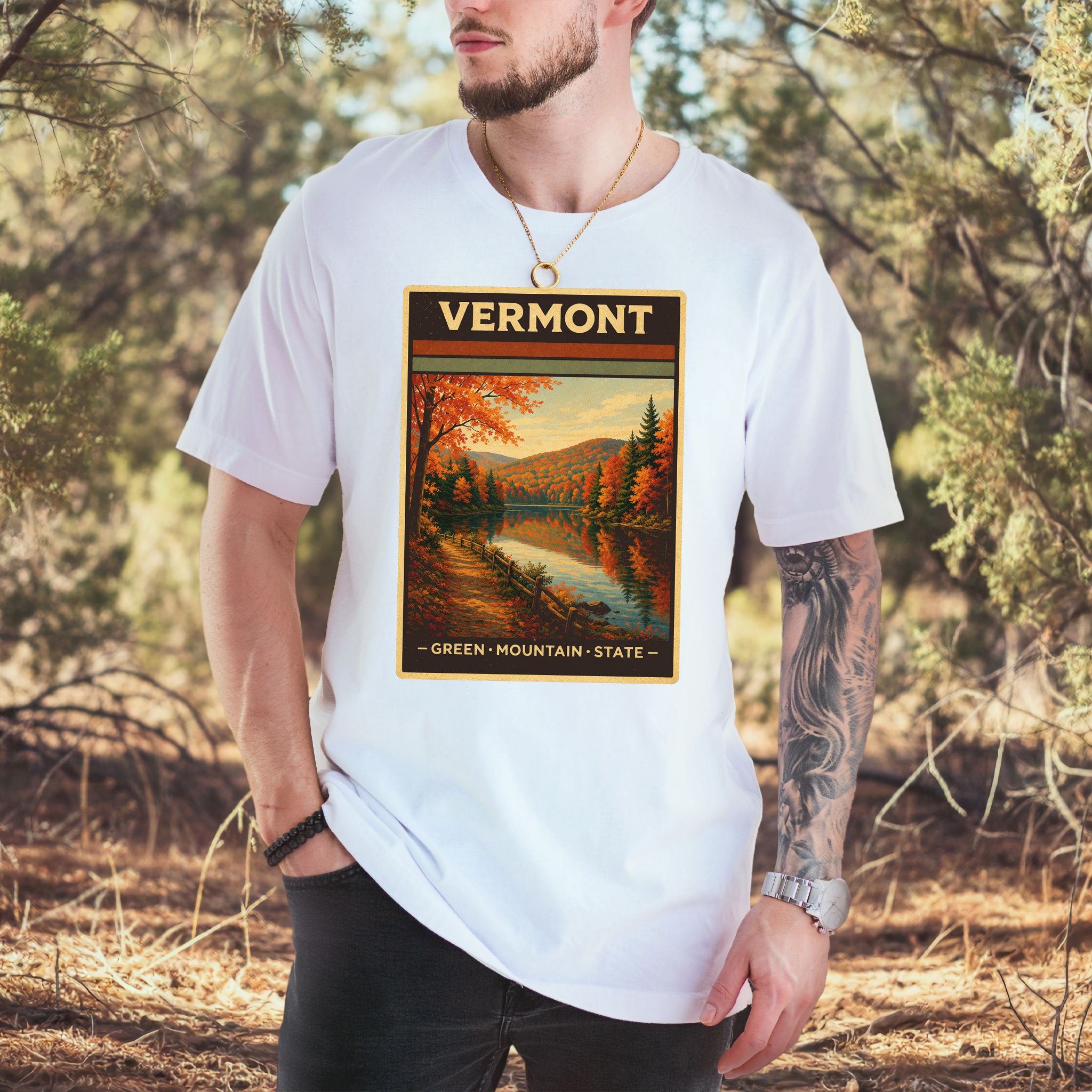 Vermont Green Mountain State Autumn Lake Vintage Nature T-Shirt