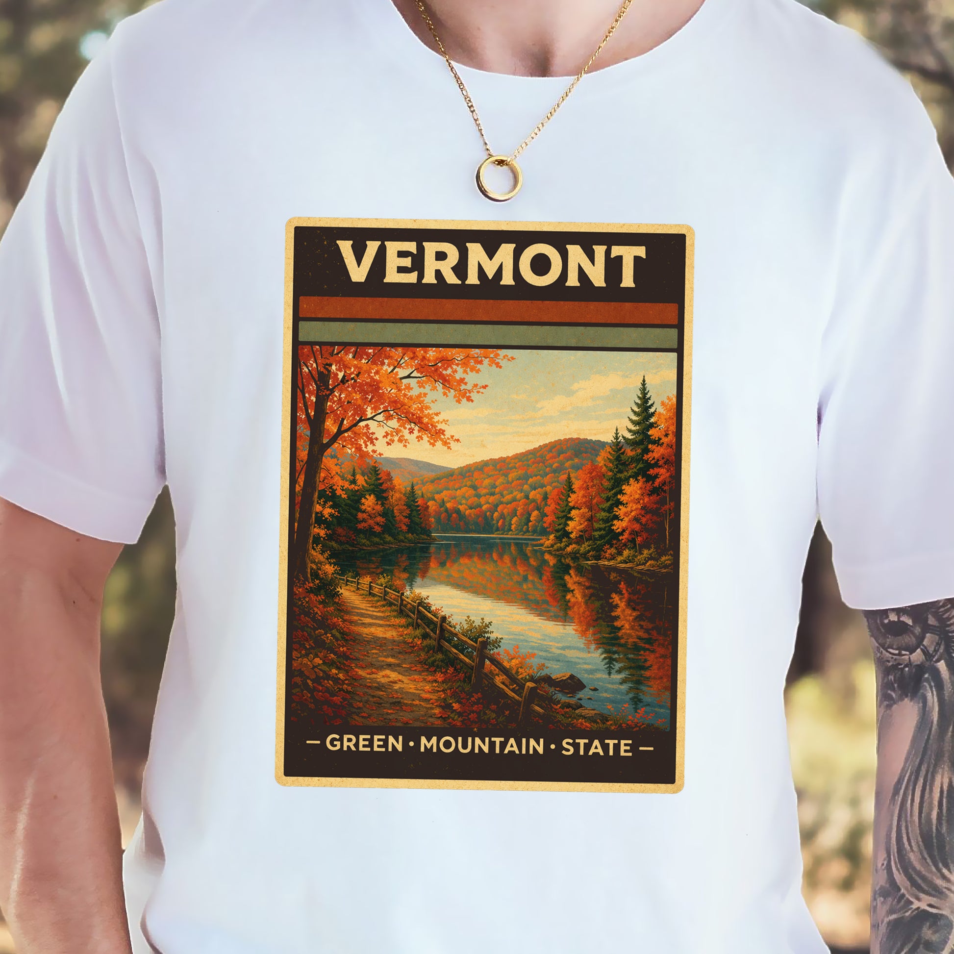 Vermont Green Mountain State Autumn Lake Vintage Nature T-Shirt