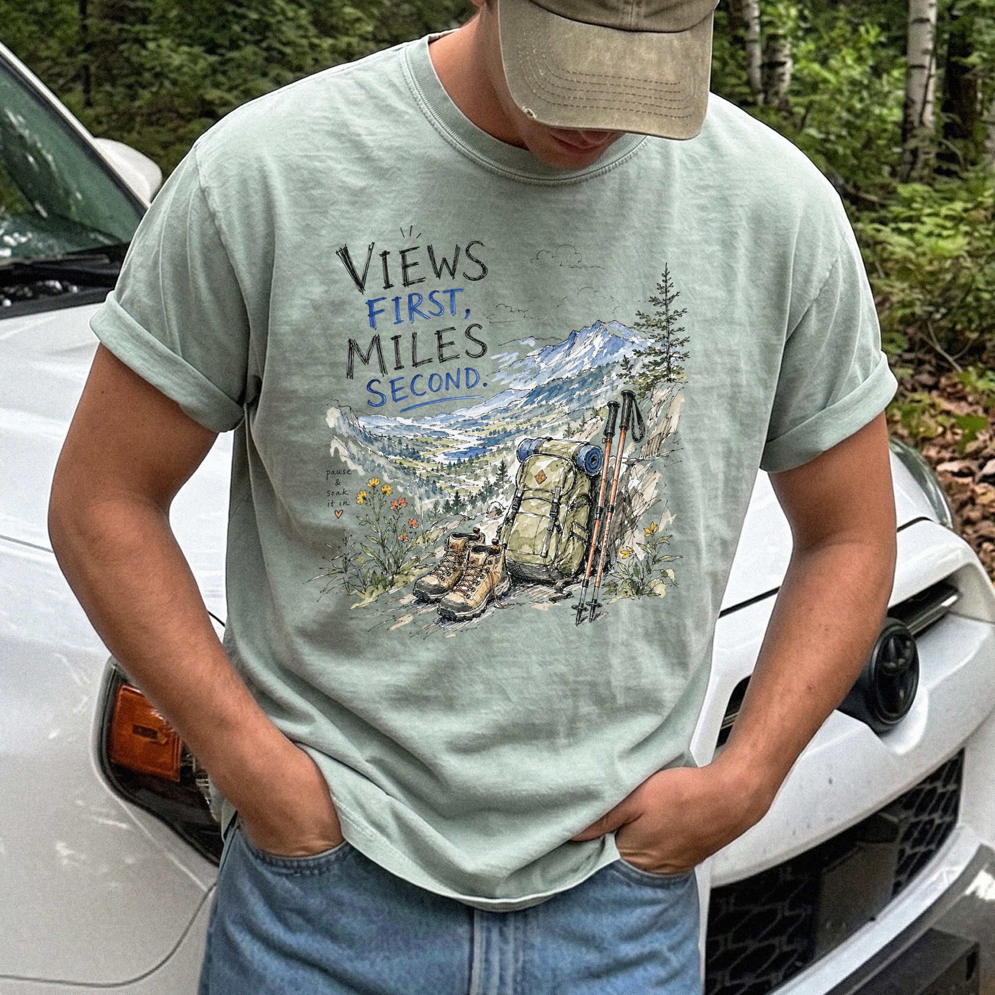 Views First Miles Second Comfort Colors Shirt – Watercolor Hiking T-Shirt