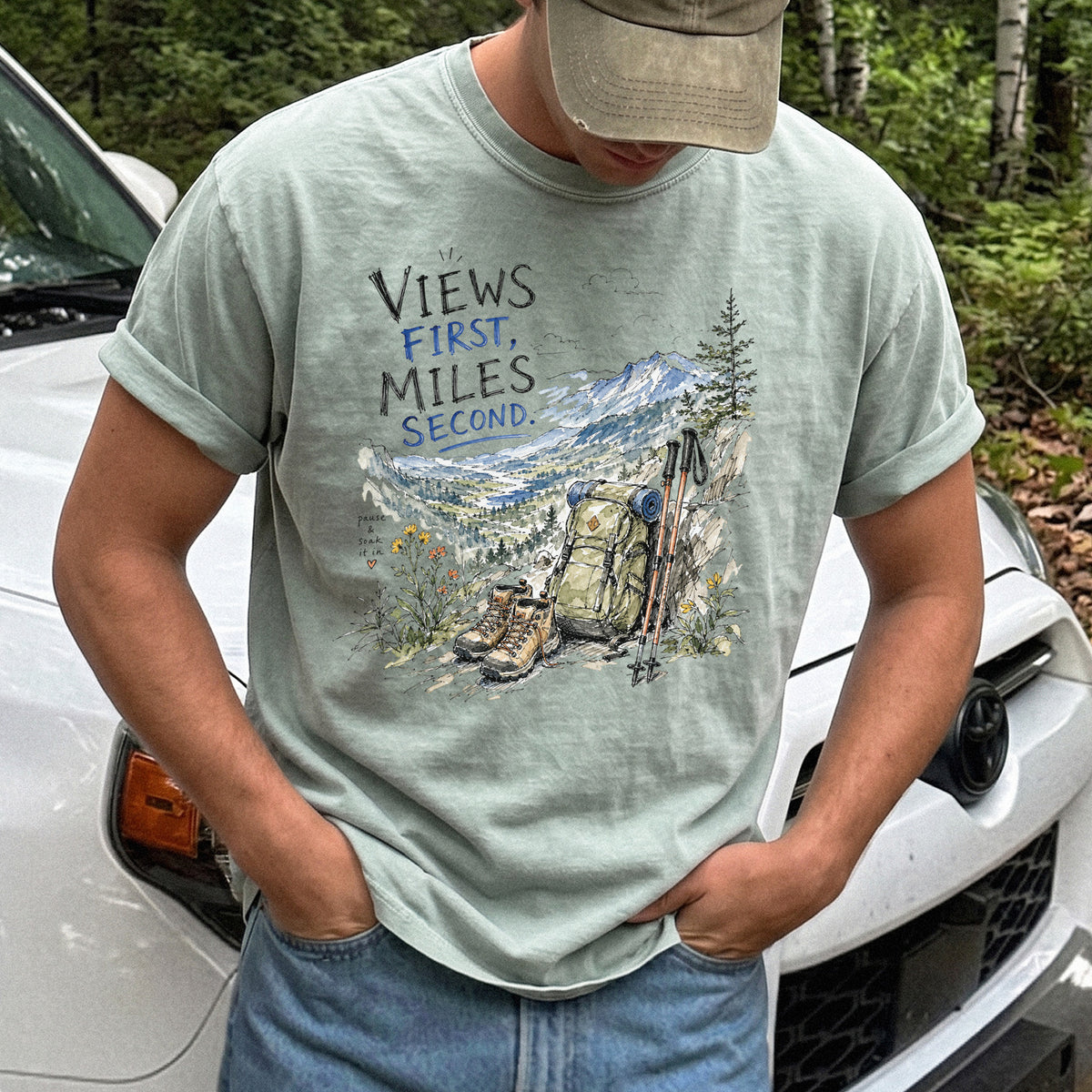Views First Miles Second Comfort Colors Shirt – Watercolor Hiking T-Shirt