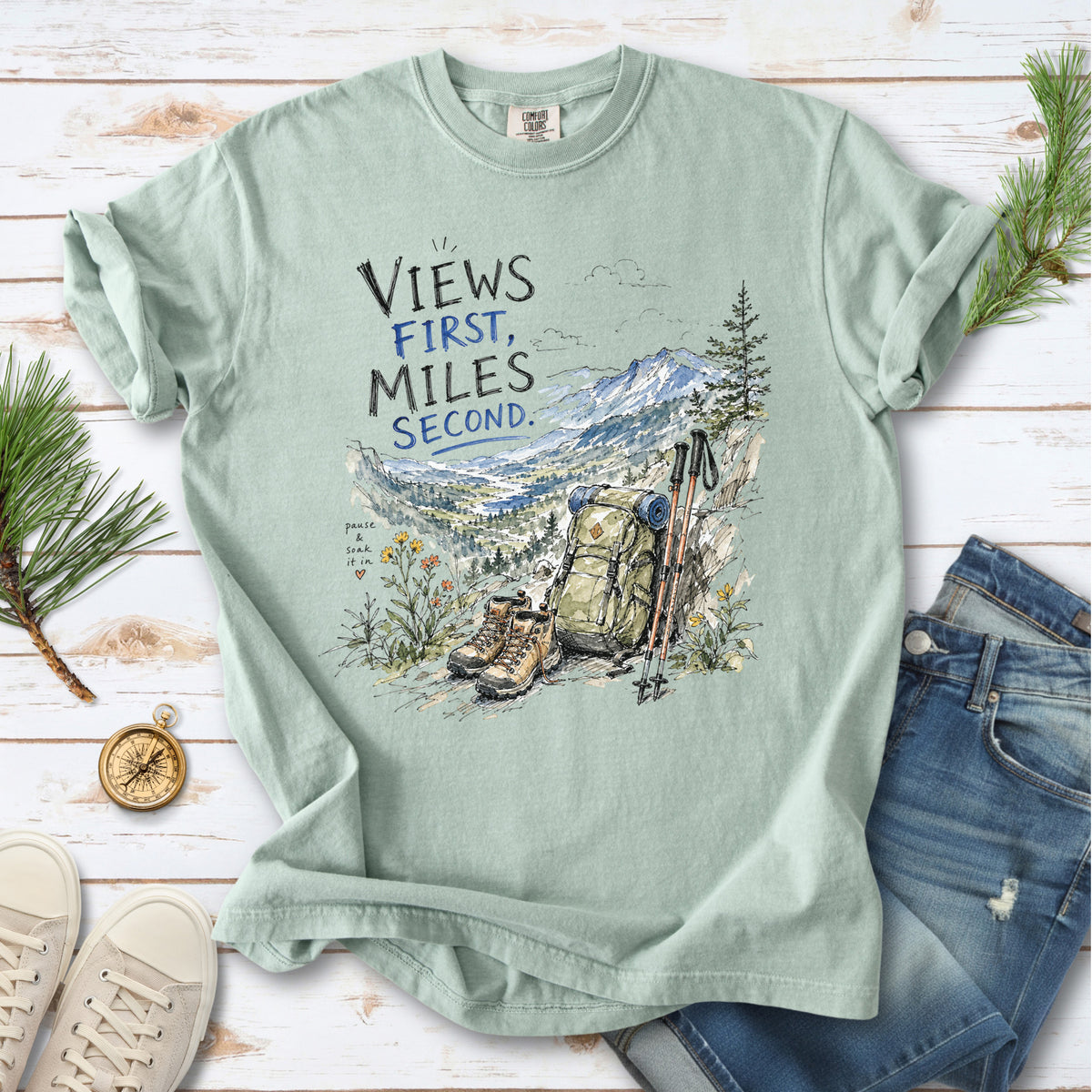 Views First Miles Second Comfort Colors Shirt – Watercolor Hiking T-Shirt
