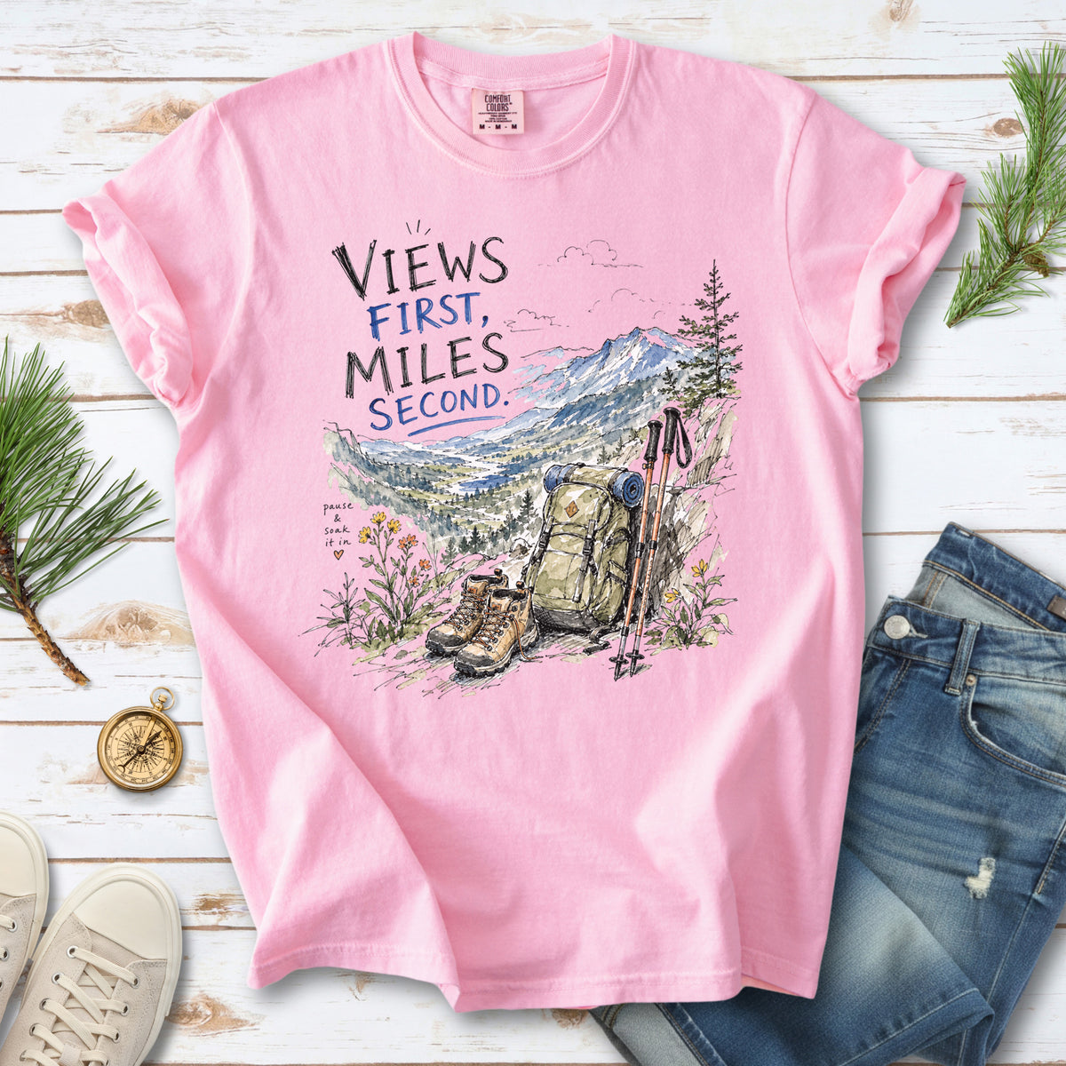 Views First Miles Second Comfort Colors Shirt – Watercolor Hiking T-Shirt