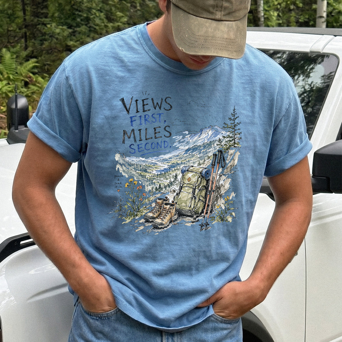 Views First Miles Second Comfort Colors Shirt – Watercolor Hiking T-Shirt