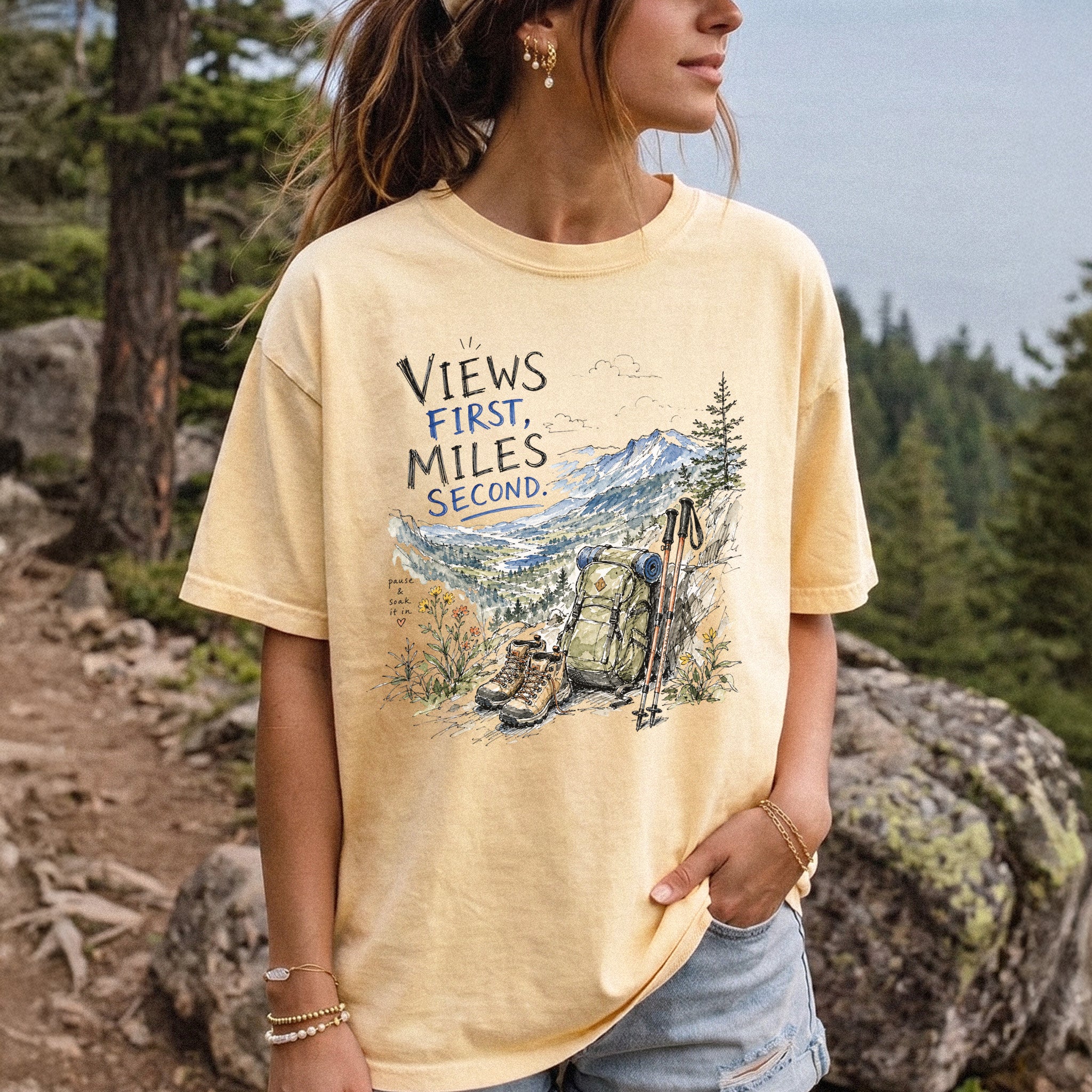 Views First Miles Second Comfort Colors Shirt – Watercolor Hiking T-Shirt