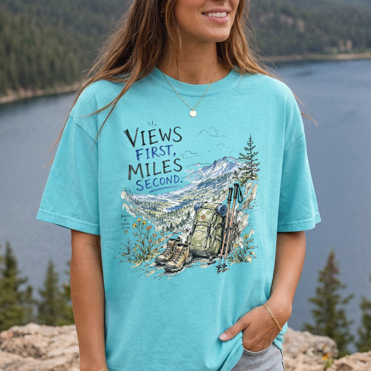 Views First Miles Second Comfort Colors Shirt – Watercolor Hiking T-Shirt