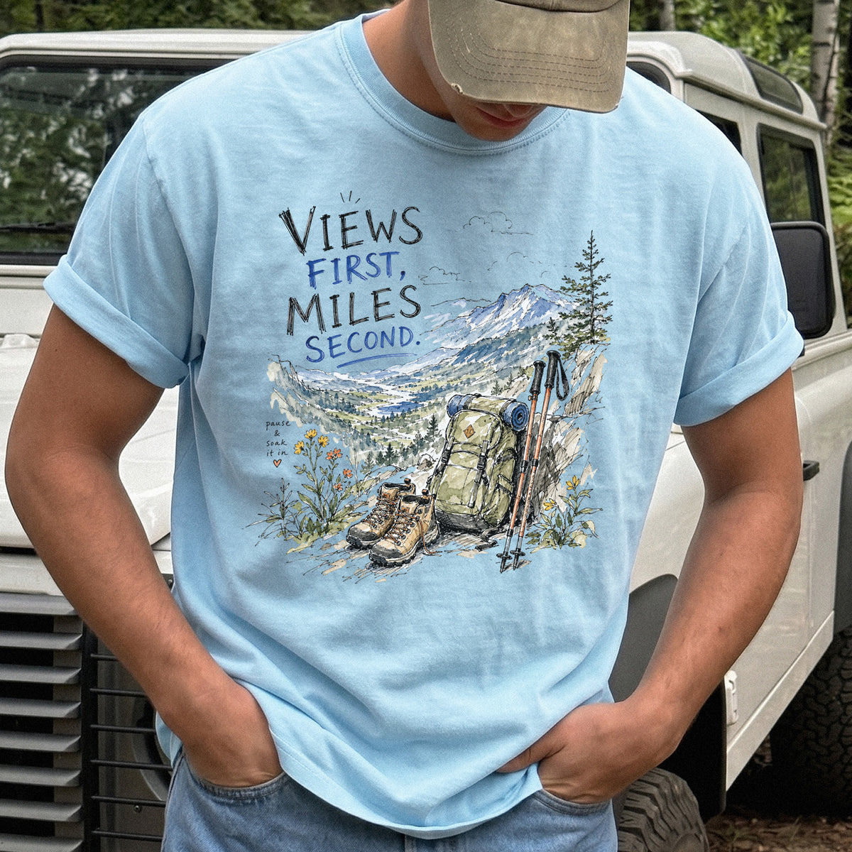 Views First Miles Second Comfort Colors Shirt – Watercolor Hiking T-Shirt