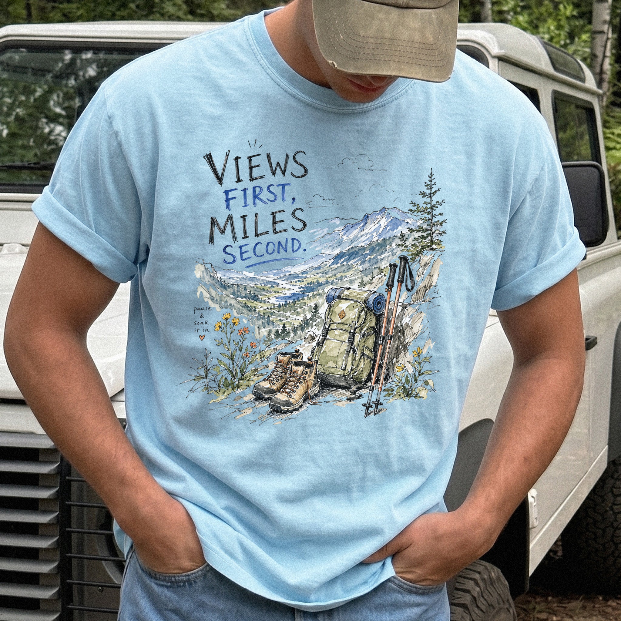 Views First Miles Second Comfort Colors Shirt – Watercolor Hiking T-Shirt