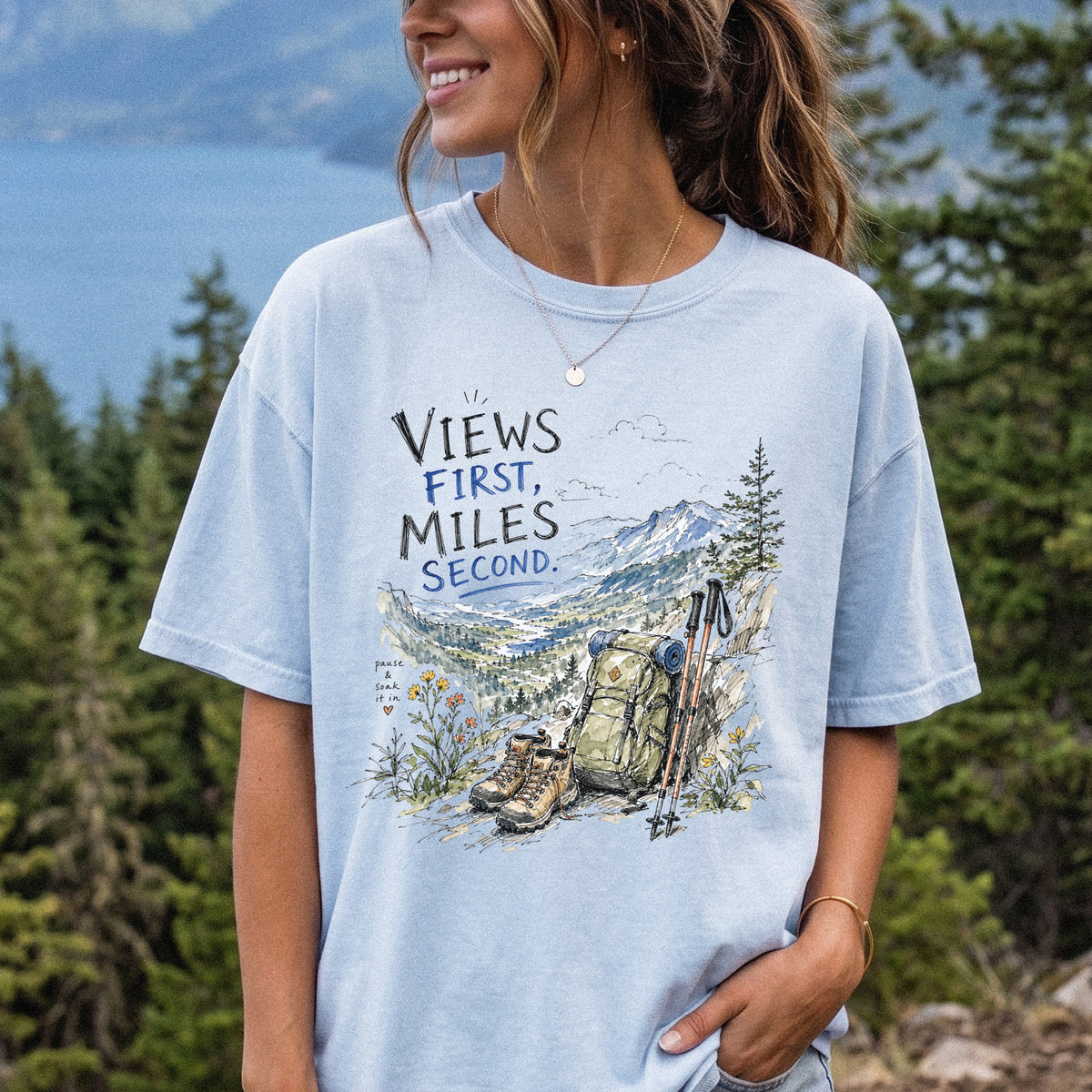 Views First Miles Second Comfort Colors Shirt – Watercolor Hiking T-Shirt