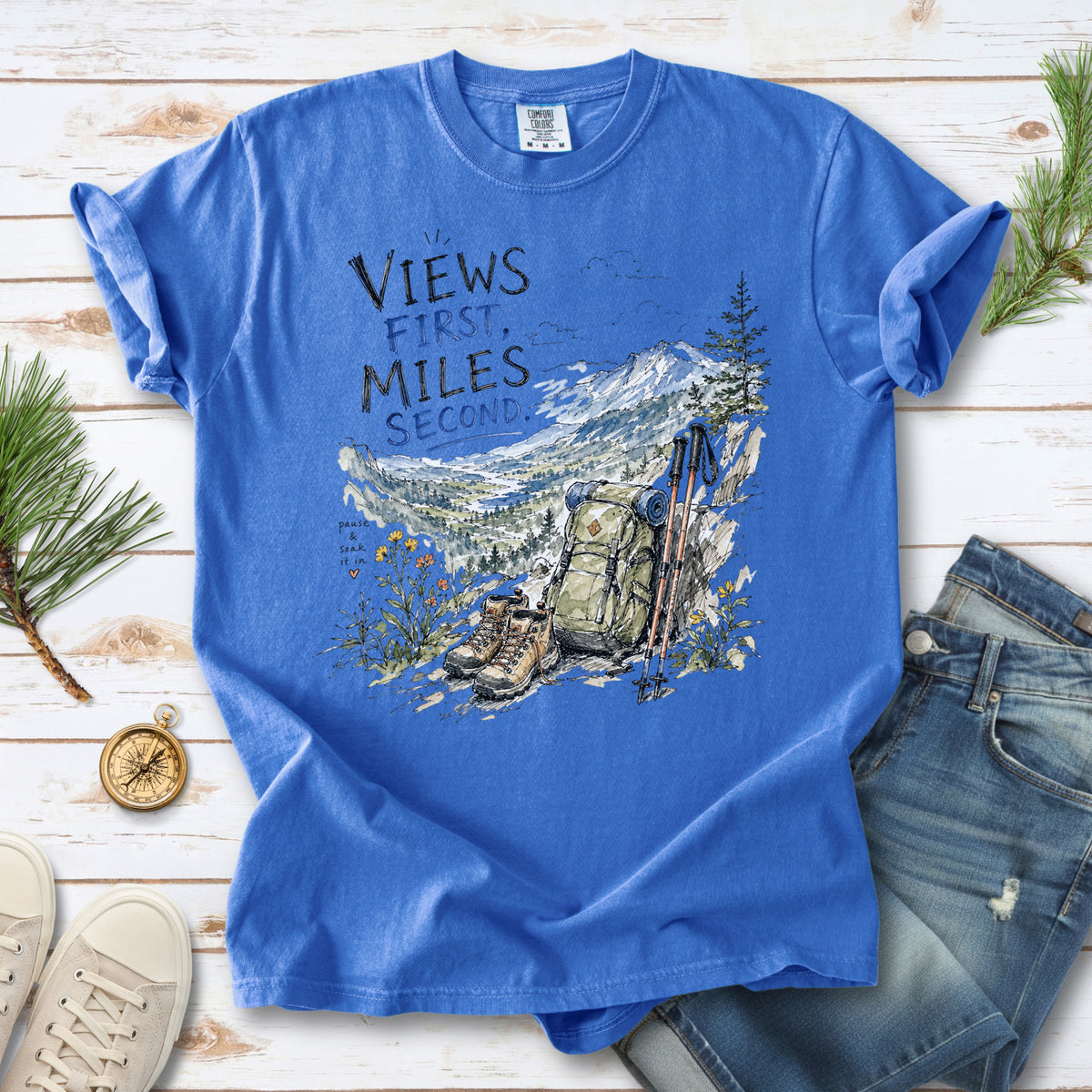 Views First Miles Second Comfort Colors Shirt – Watercolor Hiking T-Shirt