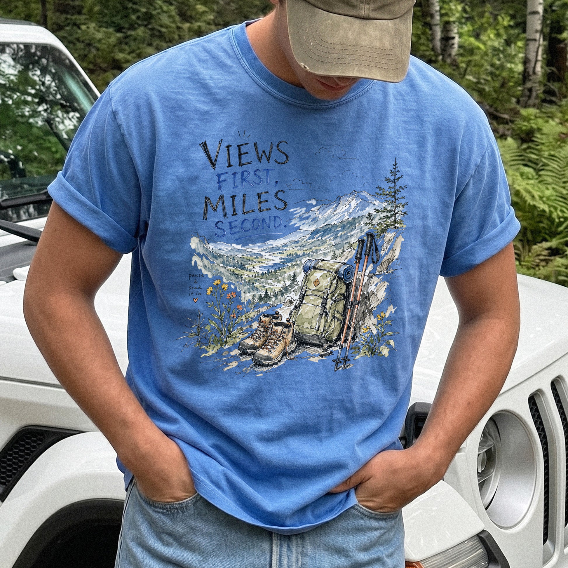 Views First Miles Second Comfort Colors Shirt – Watercolor Hiking T-Shirt