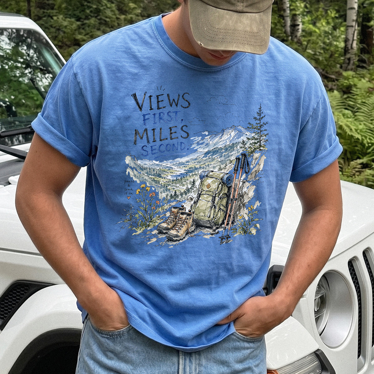 Views First Miles Second Comfort Colors Shirt – Watercolor Hiking T-Shirt