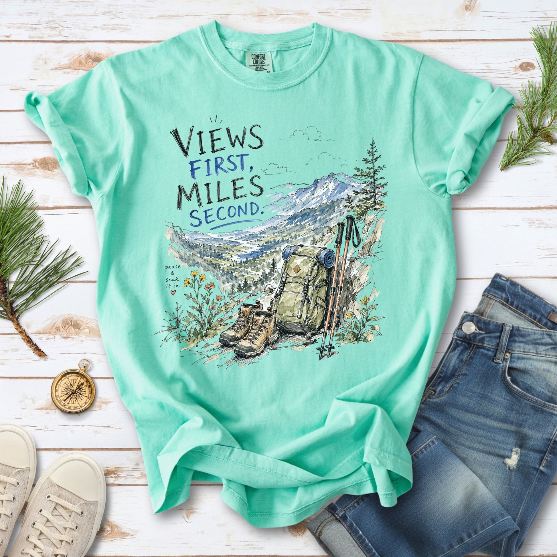 Views First Miles Second Comfort Colors Shirt – Watercolor Hiking T-Shirt