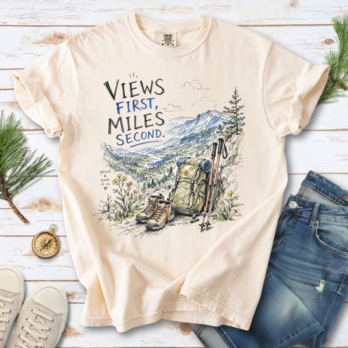 Views First Miles Second Comfort Colors Shirt – Watercolor Hiking T-Shirt