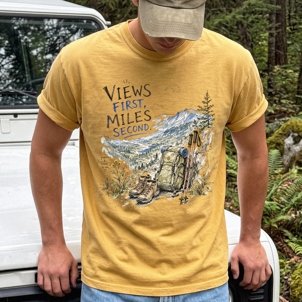 Views First Miles Second Comfort Colors Shirt – Watercolor Hiking T-Shirt