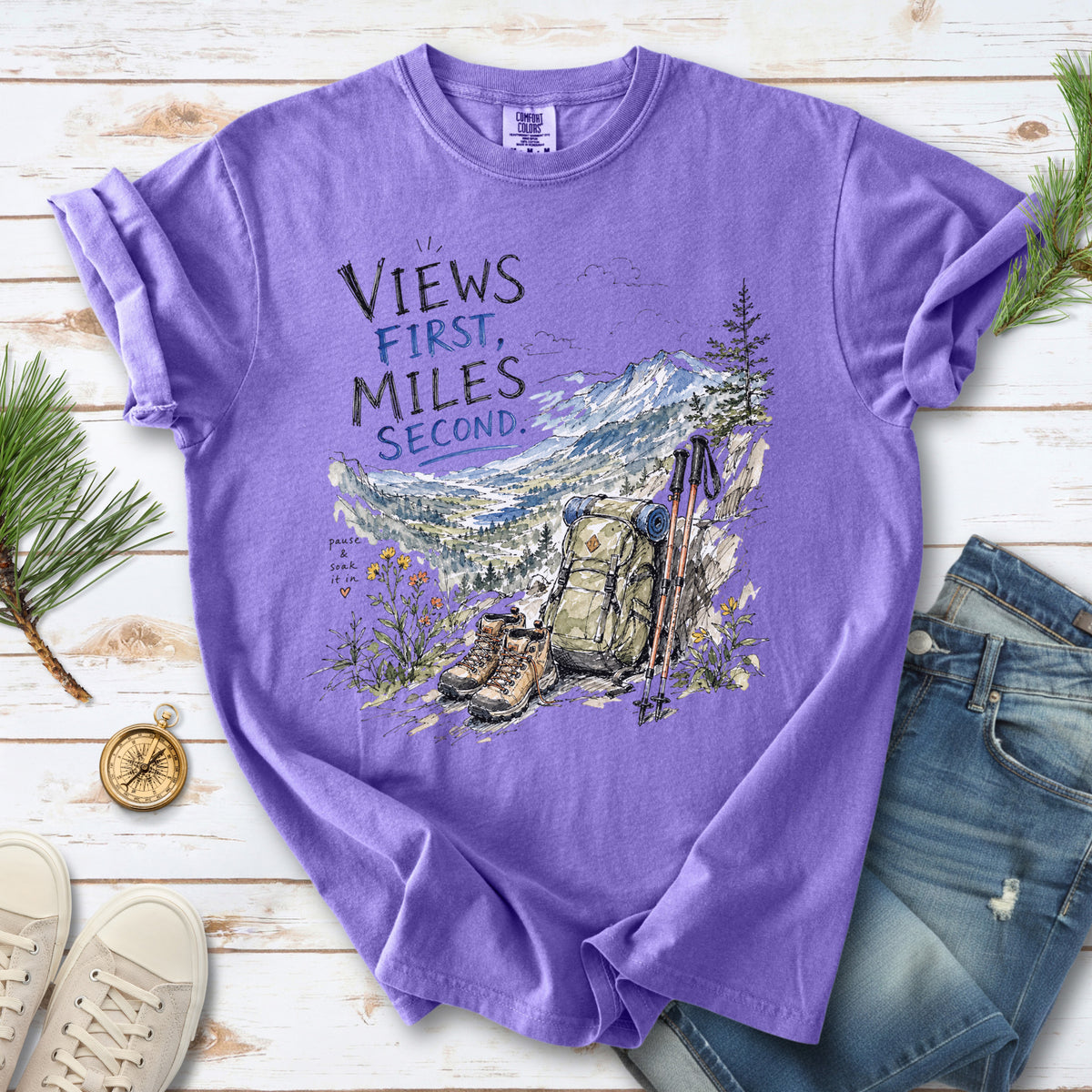 Views First Miles Second Comfort Colors Shirt – Watercolor Hiking T-Shirt