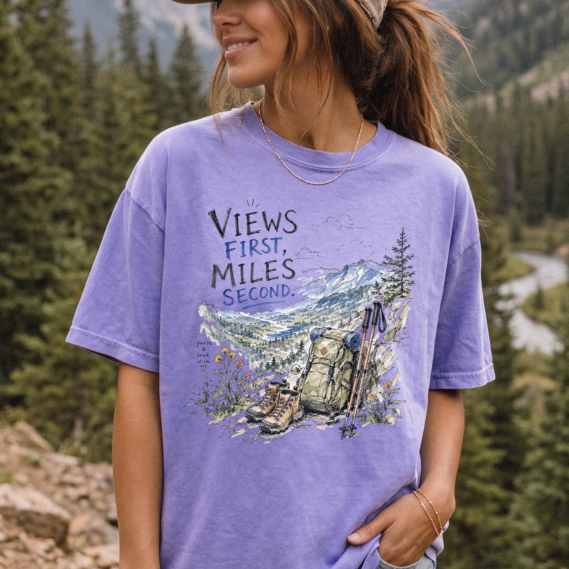 Views First Miles Second Comfort Colors Shirt – Watercolor Hiking T-Shirt