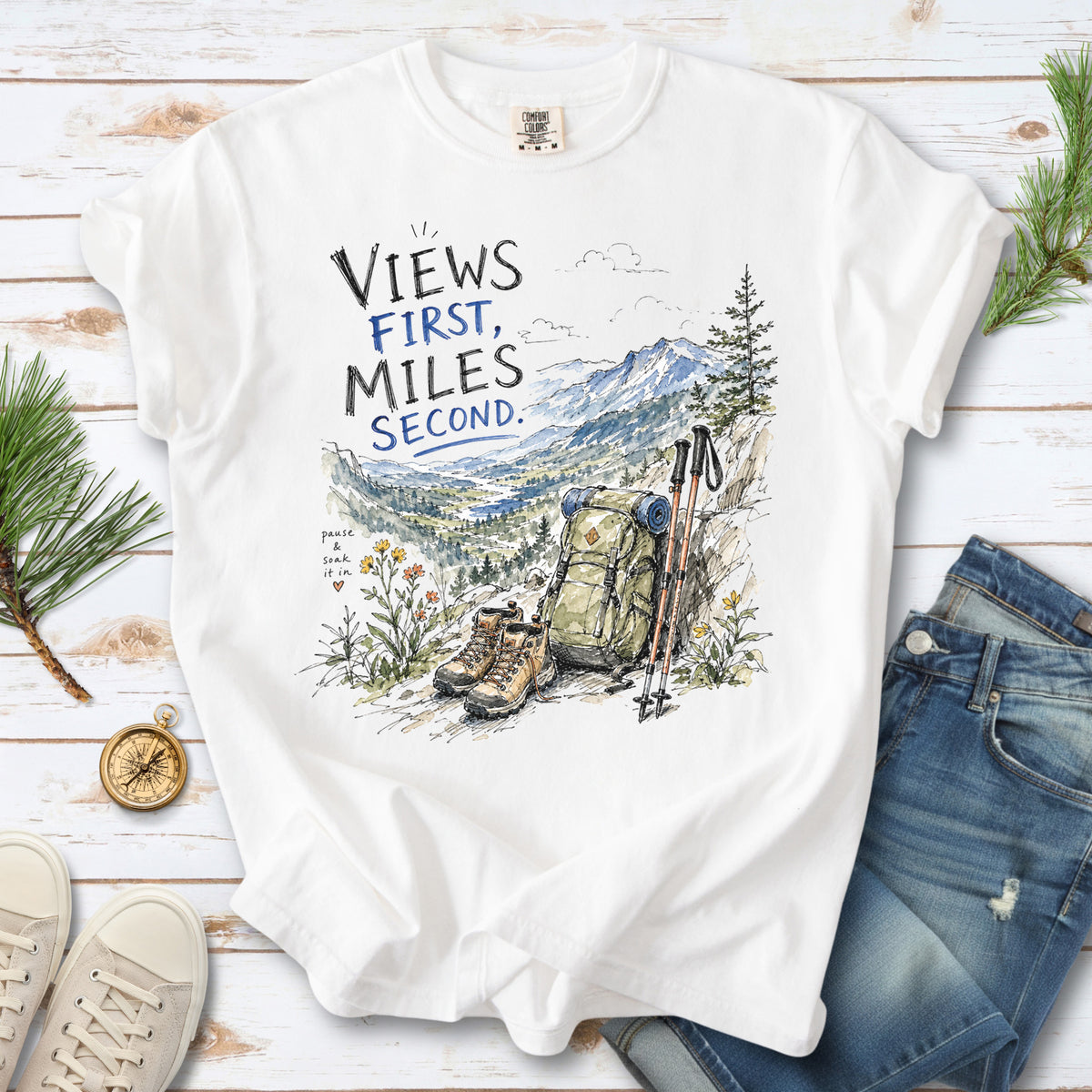 Views First Miles Second Comfort Colors Shirt – Watercolor Hiking T-Shirt