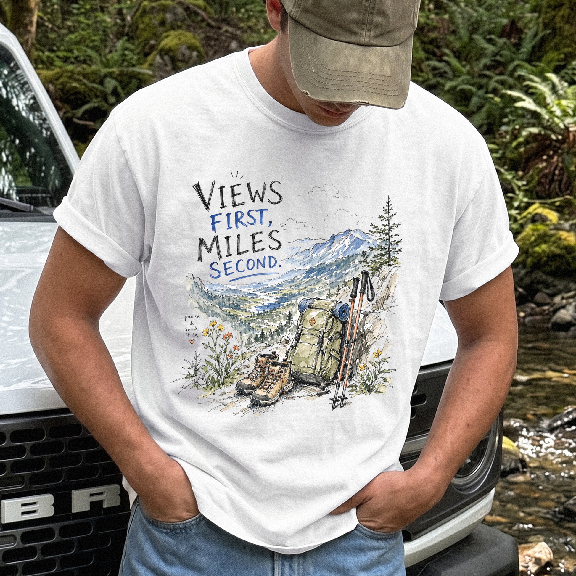 Views First Miles Second Comfort Colors Shirt – Watercolor Hiking T-Shirt