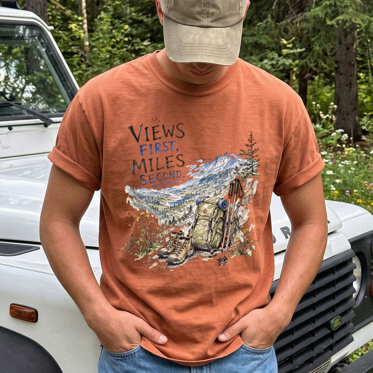 Views First Miles Second Comfort Colors Shirt – Watercolor Hiking T-Shirt