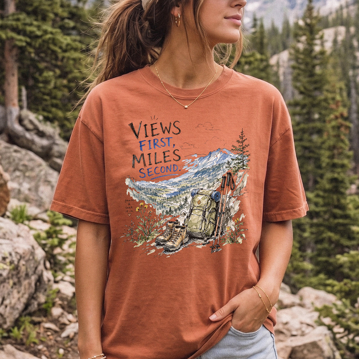 Views First Miles Second Comfort Colors Shirt – Watercolor Hiking T-Shirt
