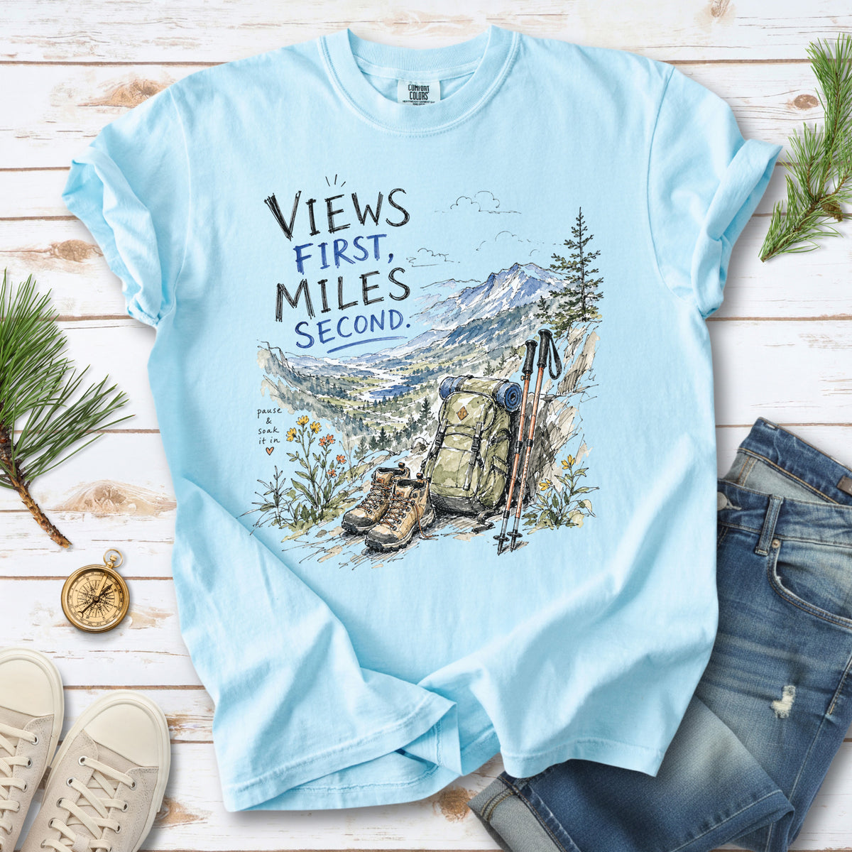 Views First Miles Second Comfort Colors Shirt – Watercolor Hiking T-Shirt
