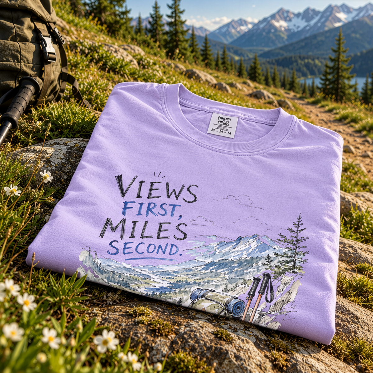 Views First Miles Second Comfort Colors Shirt – Watercolor Hiking T-Shirt