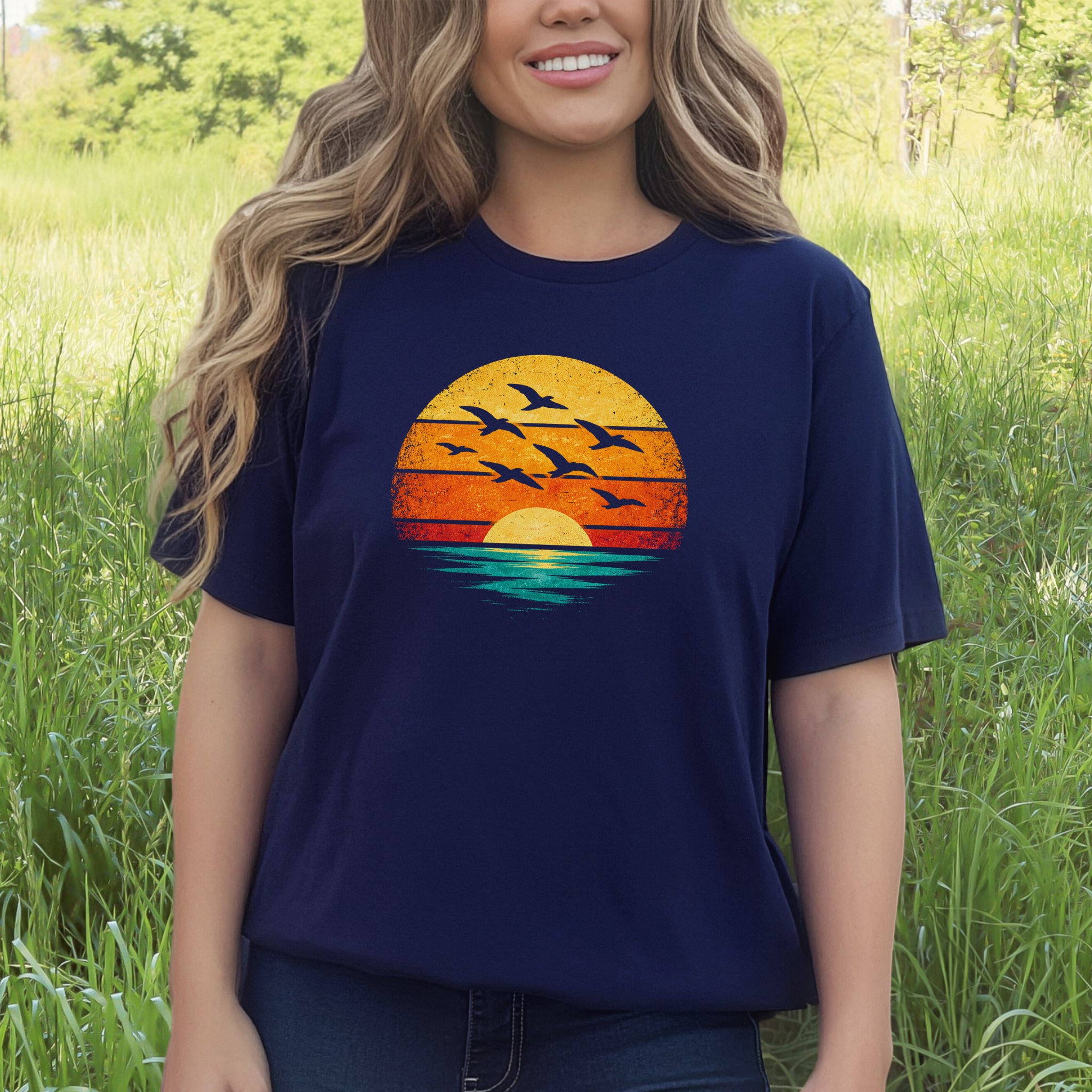 Vintage Ocean Sunset Birds Retro Nature T-Shirt