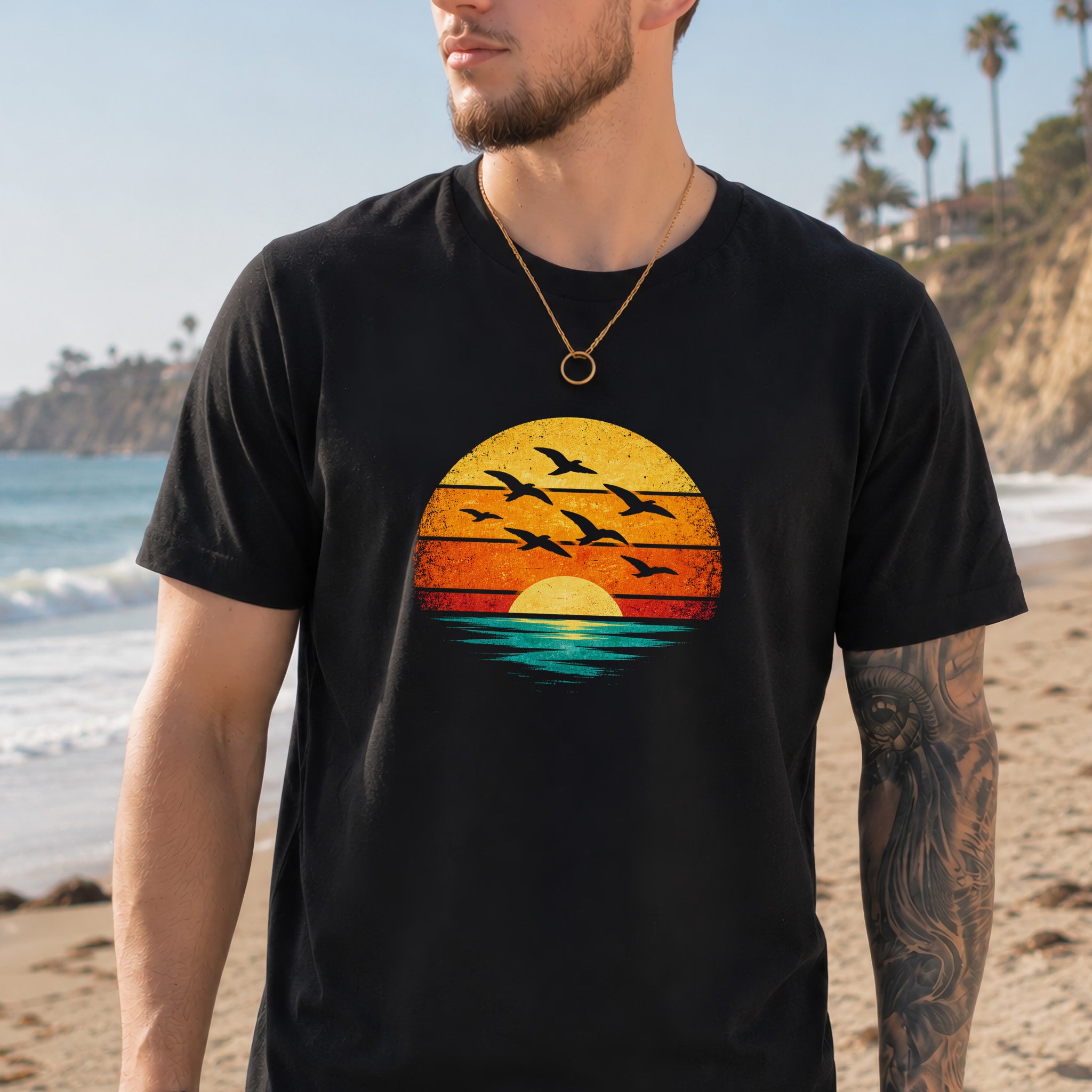 Vintage Ocean Sunset Birds Retro Nature T-Shirt