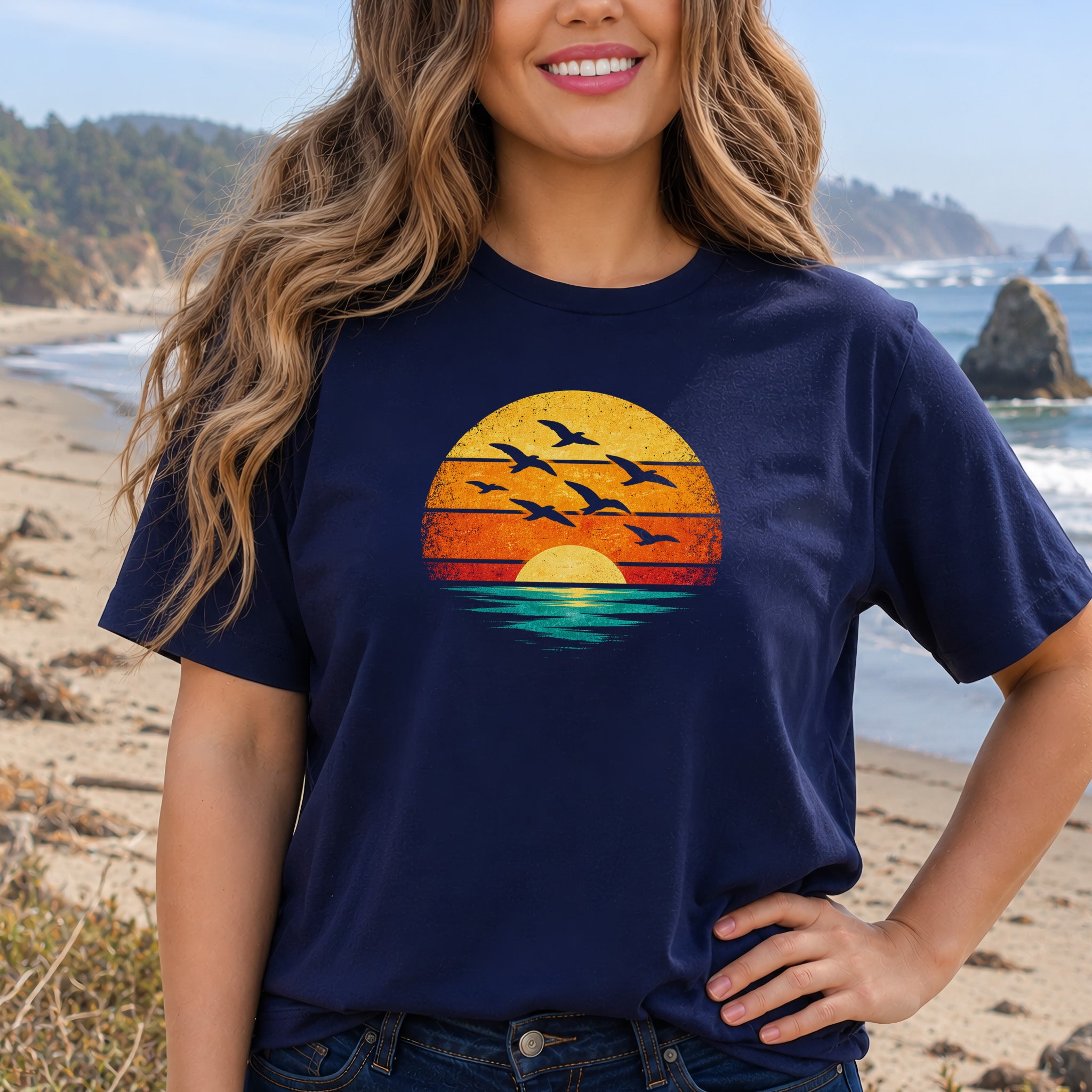 Vintage Ocean Sunset Birds Retro Nature T-Shirt