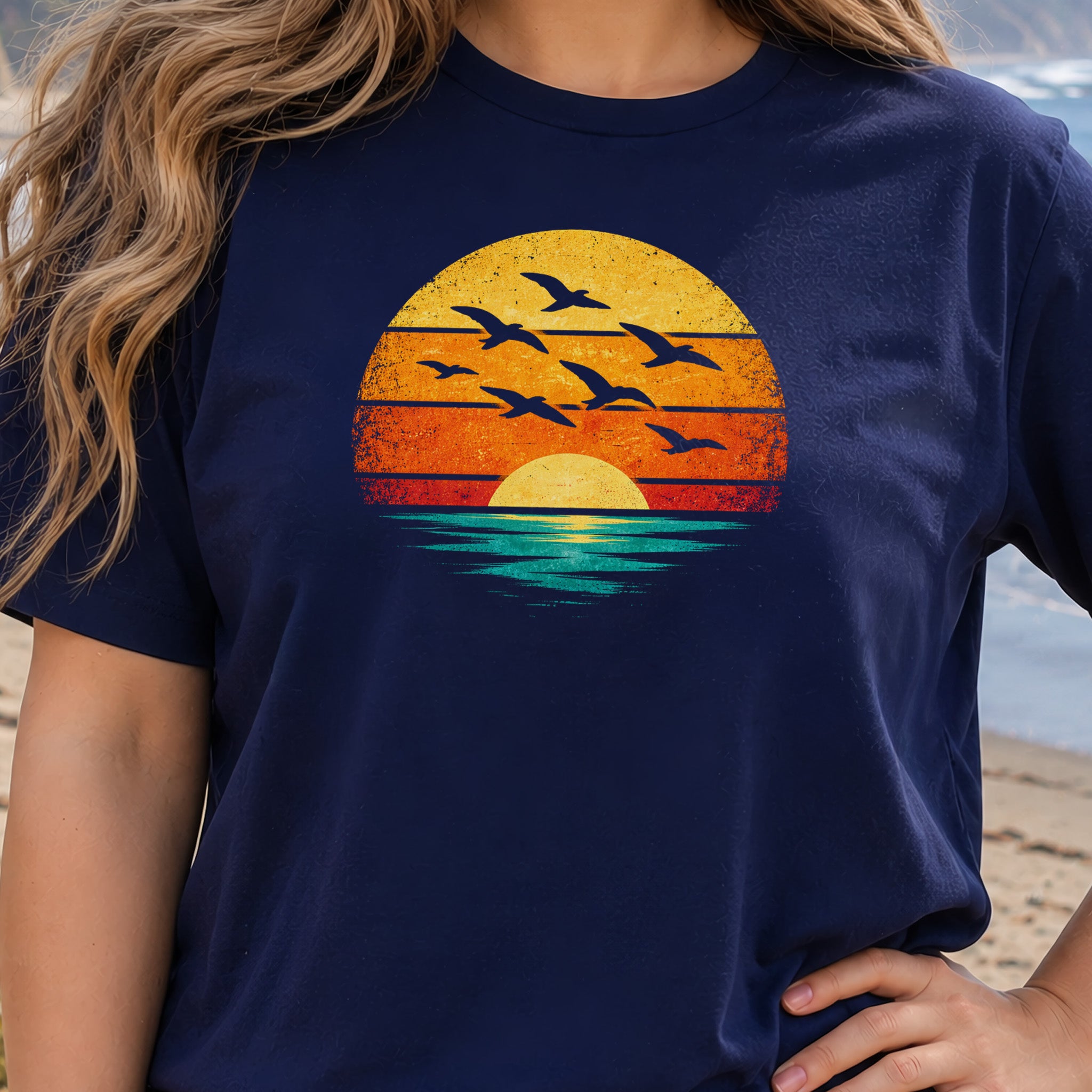 Vintage Ocean Sunset Birds Retro Nature T-Shirt