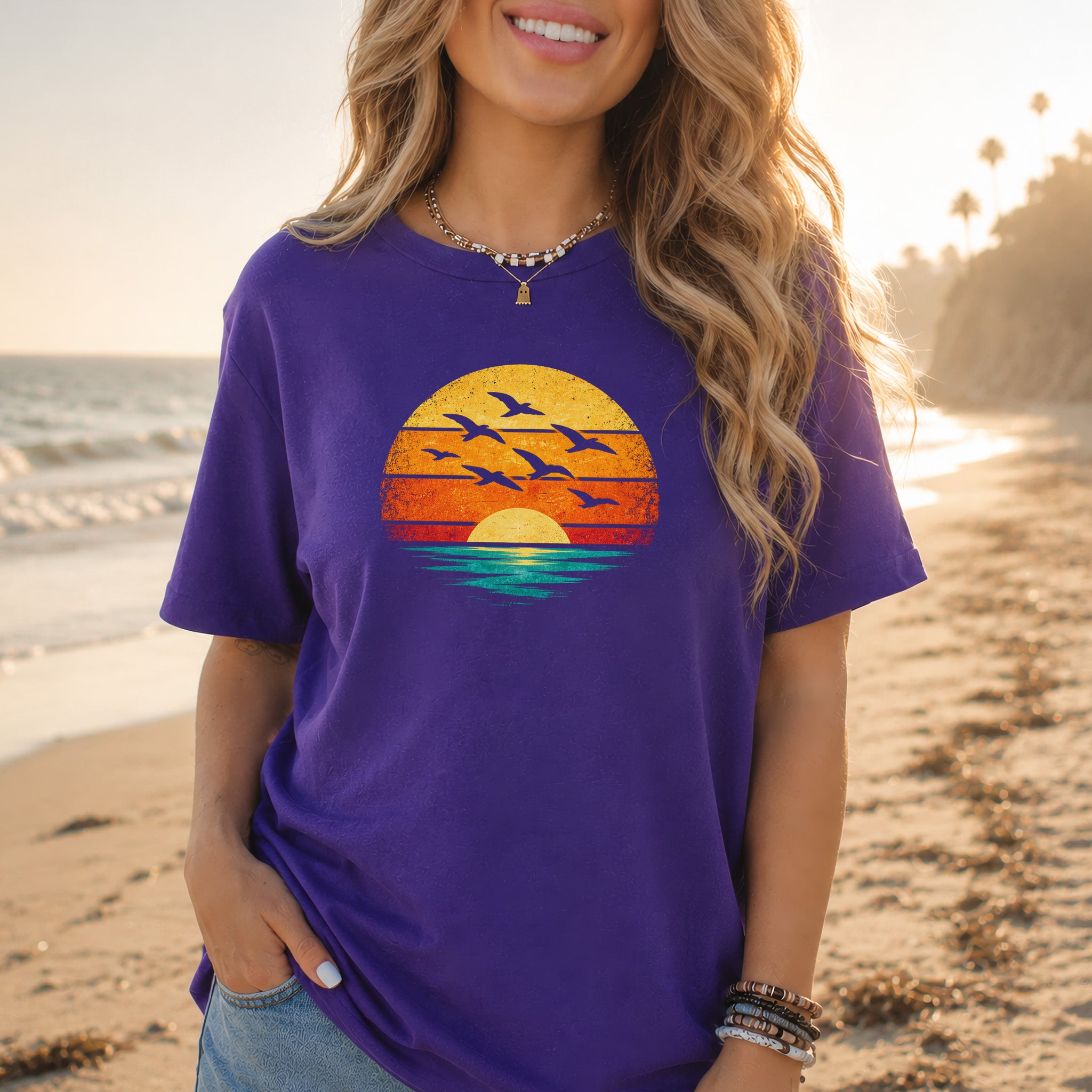 Vintage Ocean Sunset Birds Retro Nature T-Shirt