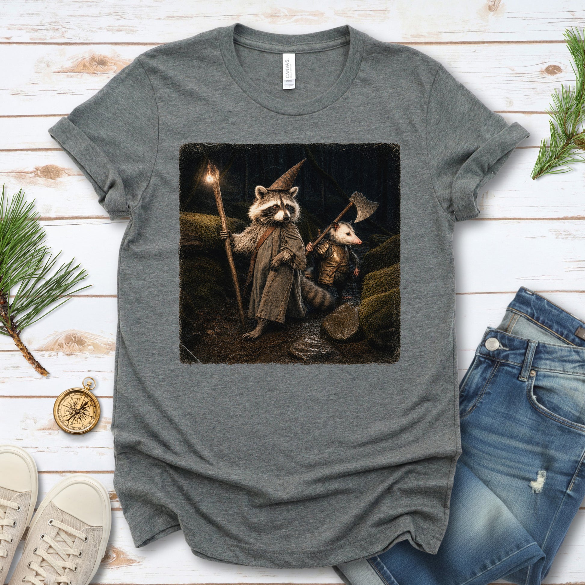 Wand & Axe Wizard Raccoon and Opossum Tabletop Fantasy T-Shirt
