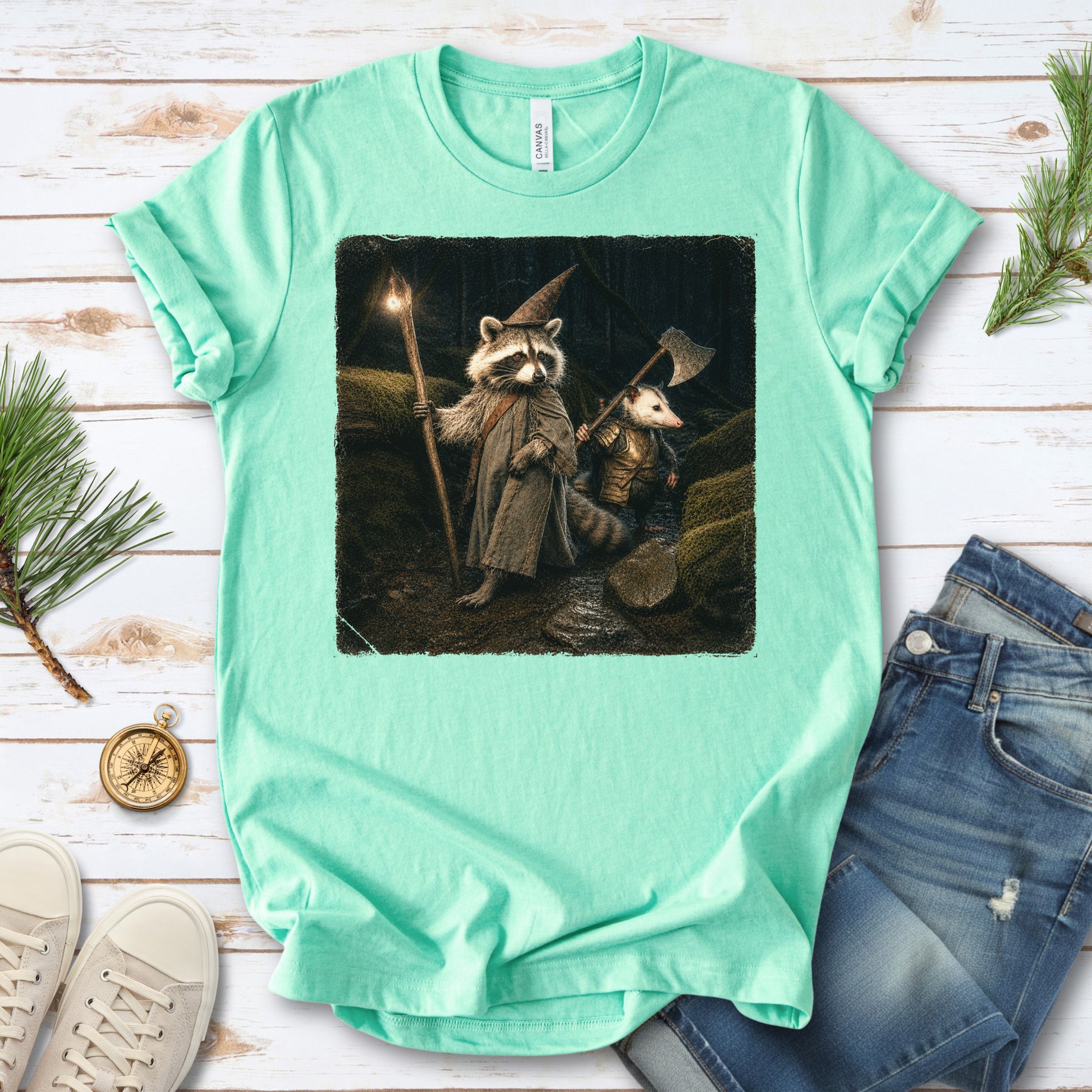 Wand & Axe Wizard Raccoon and Opossum Tabletop Fantasy T-Shirt