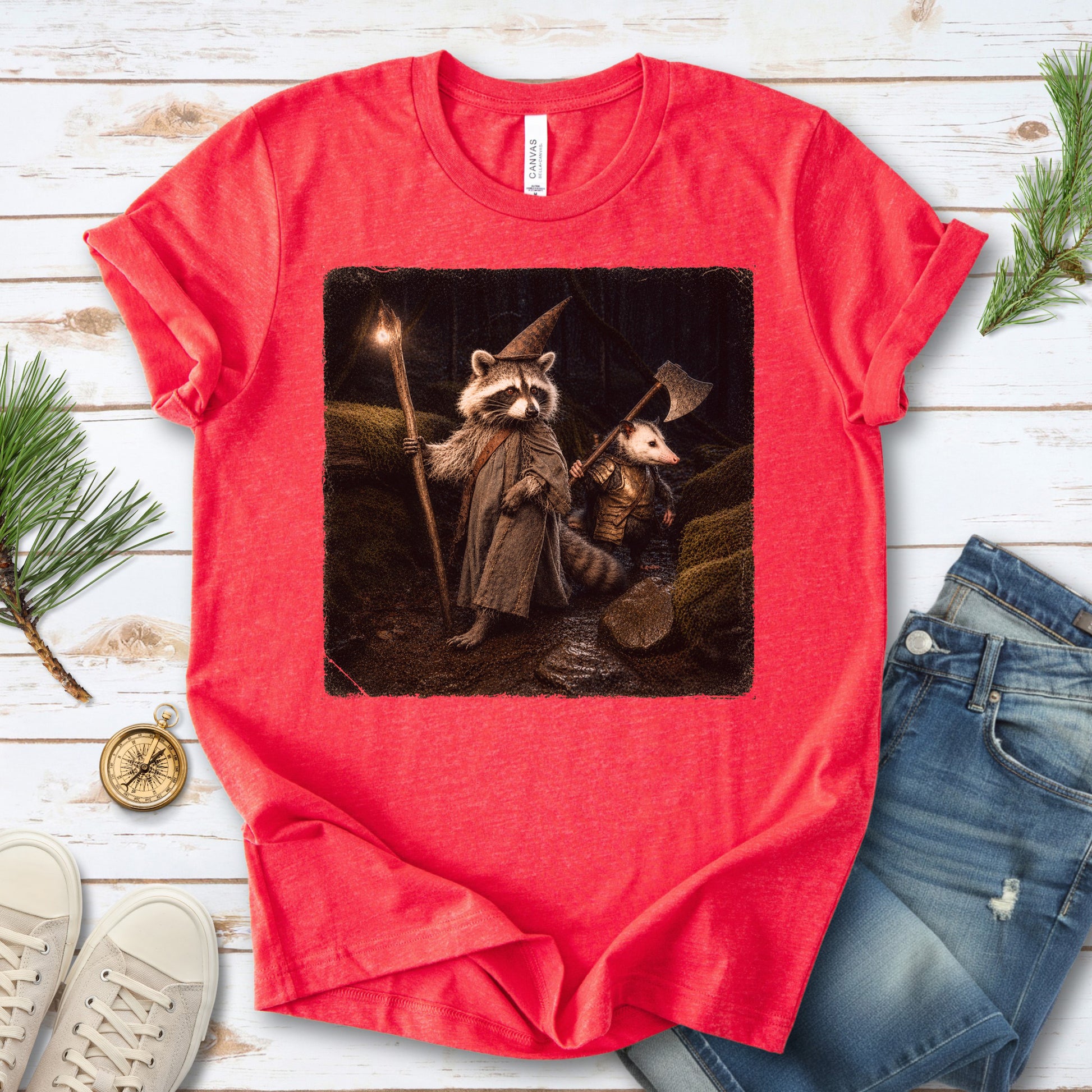 Wand & Axe Wizard Raccoon and Opossum Tabletop Fantasy T-Shirt