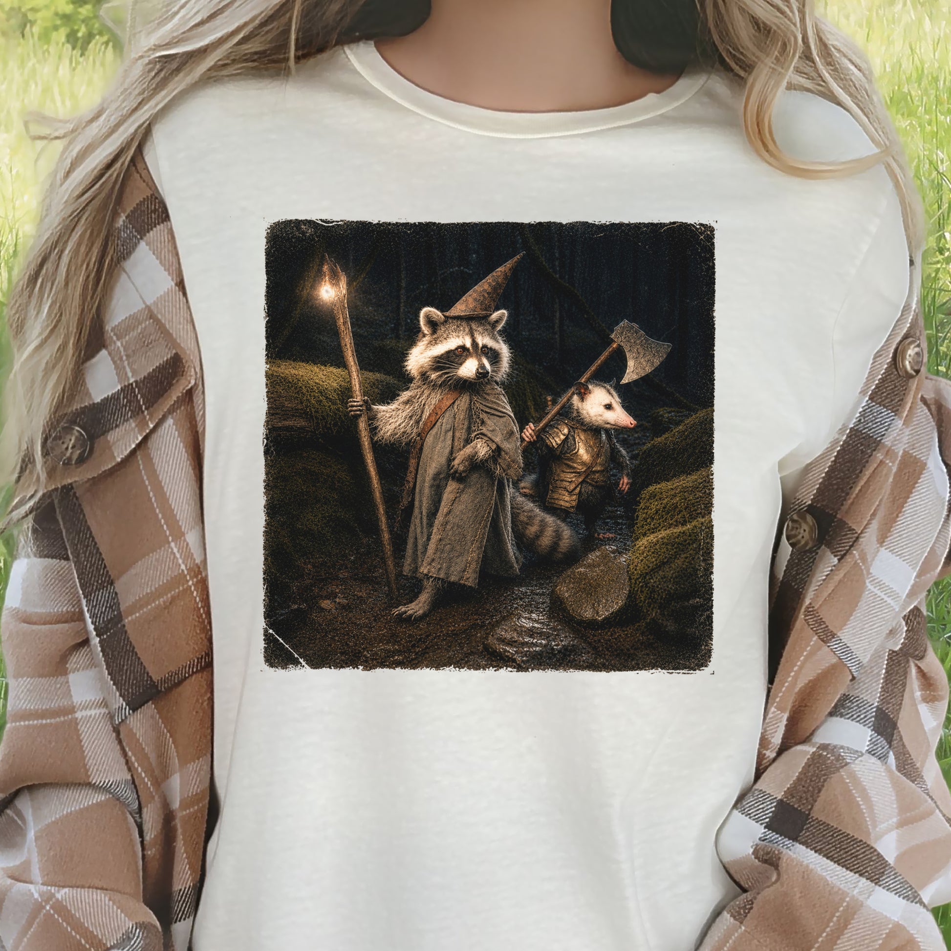 Wand & Axe Wizard Raccoon and Opossum Tabletop Fantasy T-Shirt