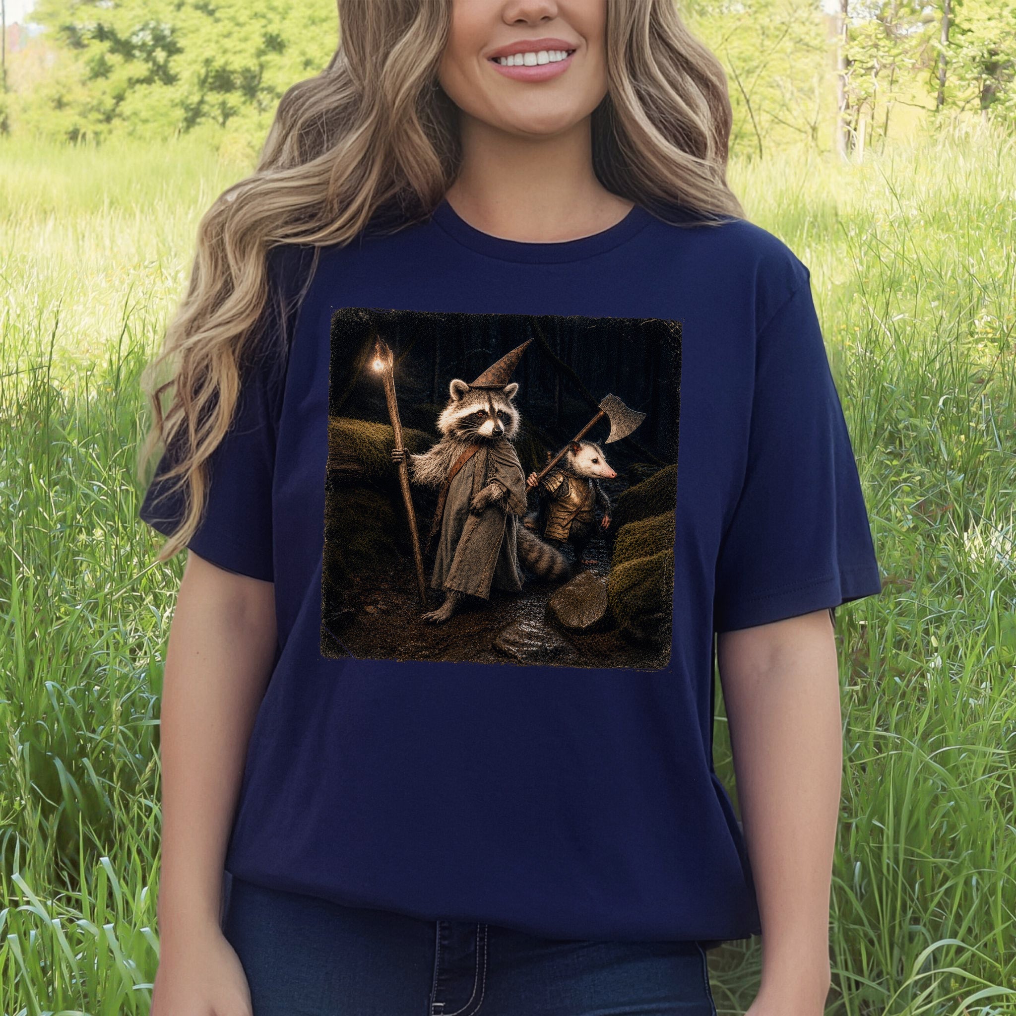 Wand & Axe Wizard Raccoon and Opossum Tabletop Fantasy T-Shirt