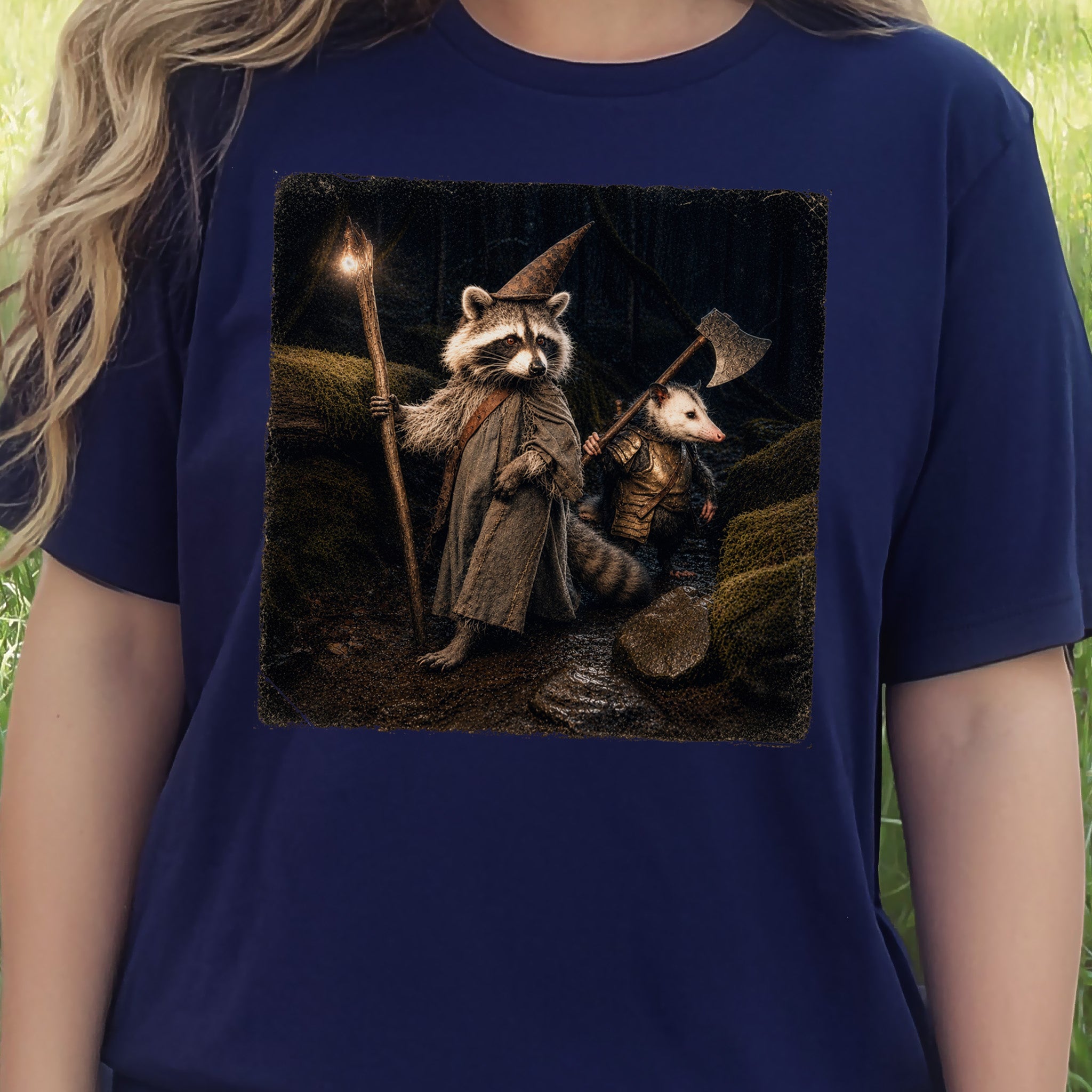 Wand & Axe Wizard Raccoon and Opossum Tabletop Fantasy T-Shirt