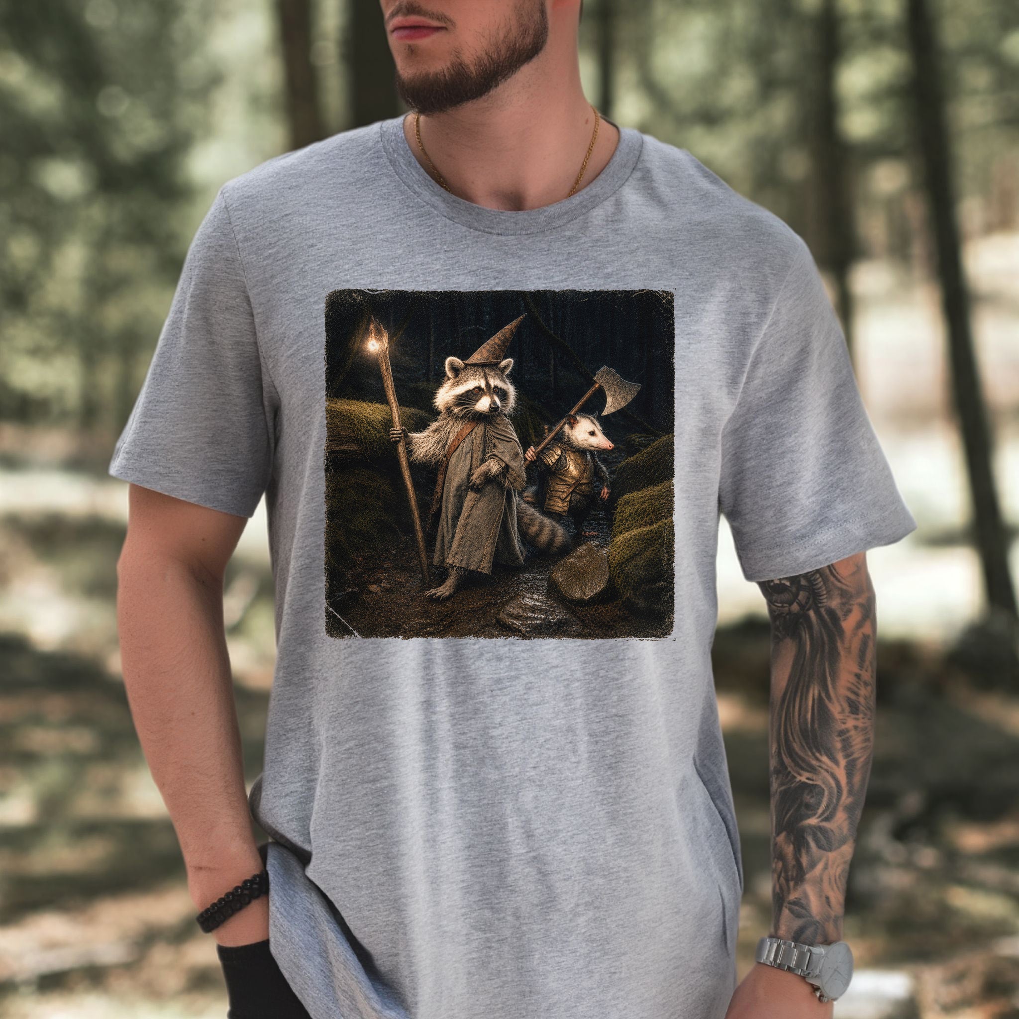 Wand & Axe Wizard Raccoon and Opossum Tabletop Fantasy T-Shirt