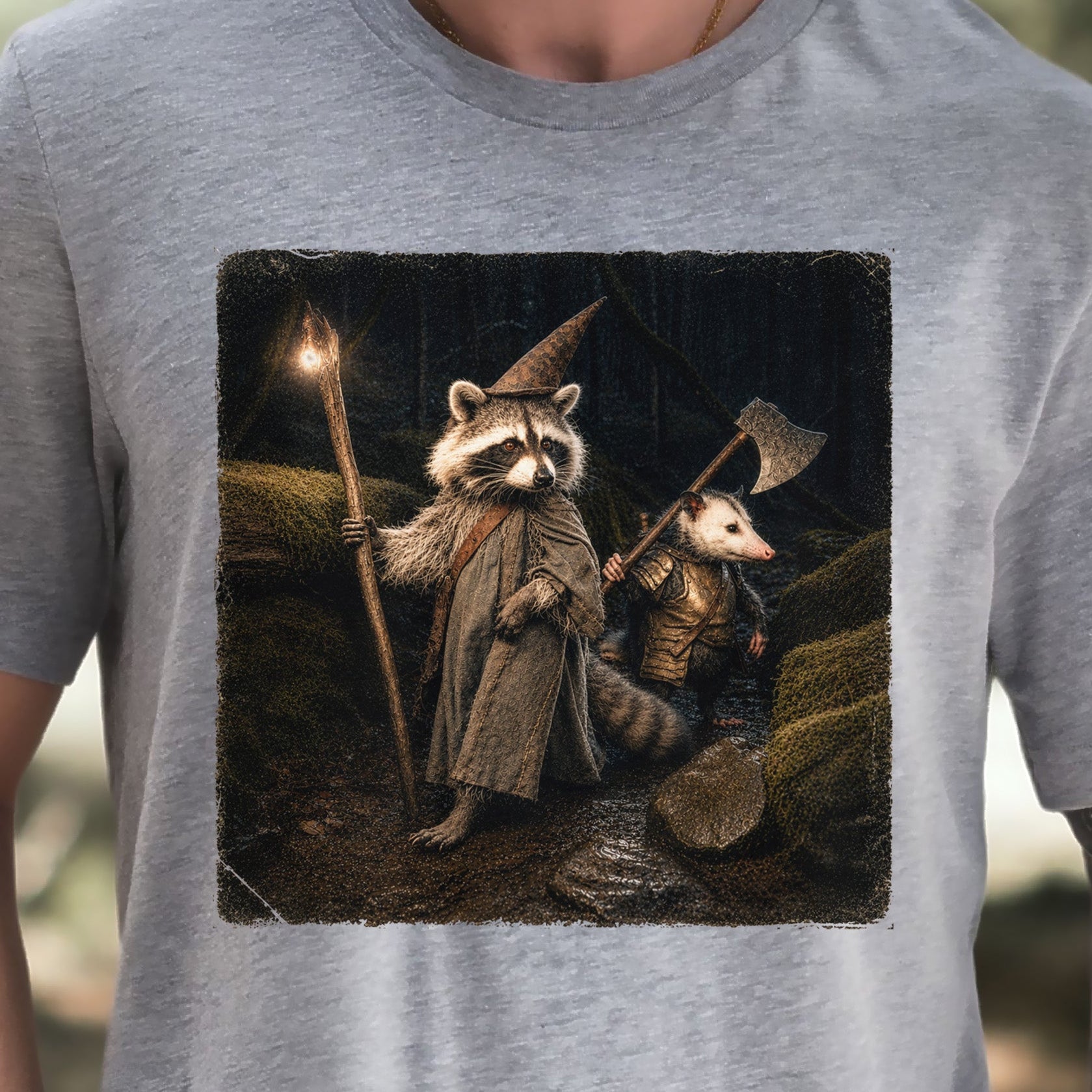 Wand & Axe Wizard Raccoon and Opossum Tabletop Fantasy T-Shirt