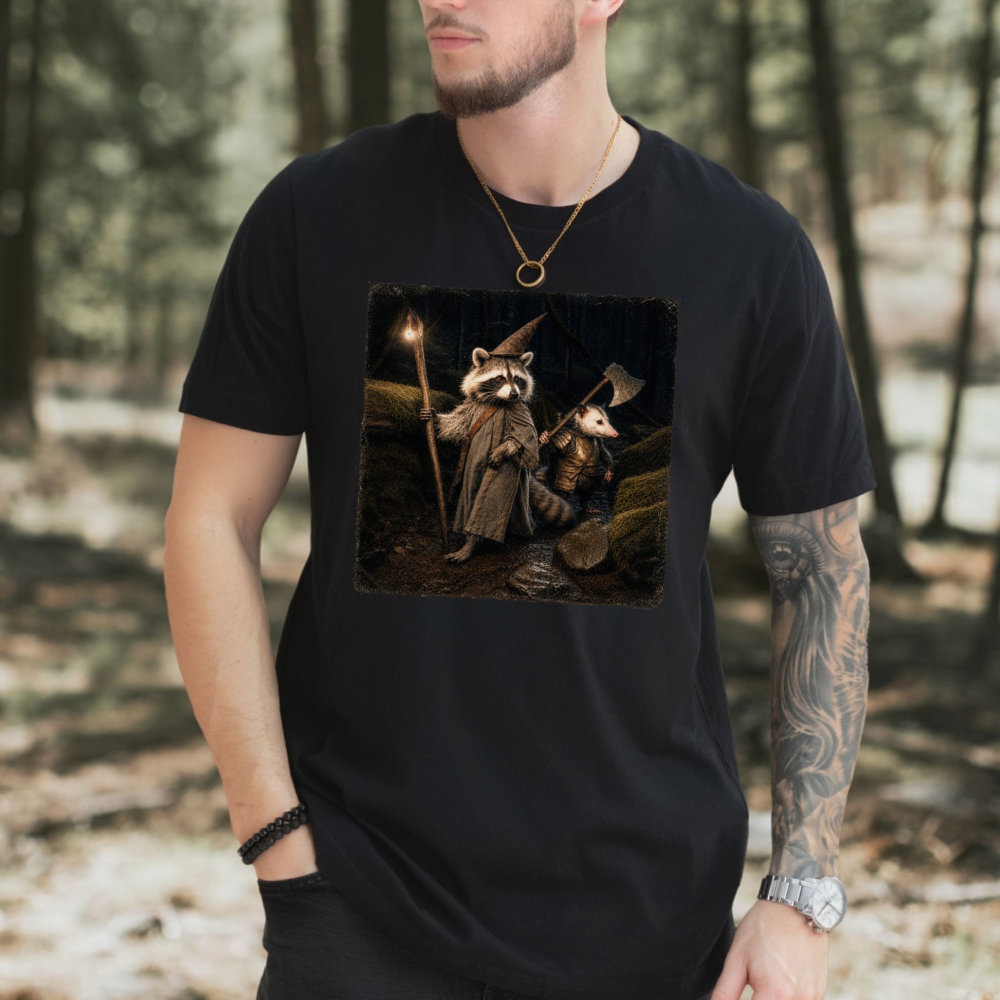 Wand & Axe Wizard Raccoon and Opossum Tabletop Fantasy T-Shirt
