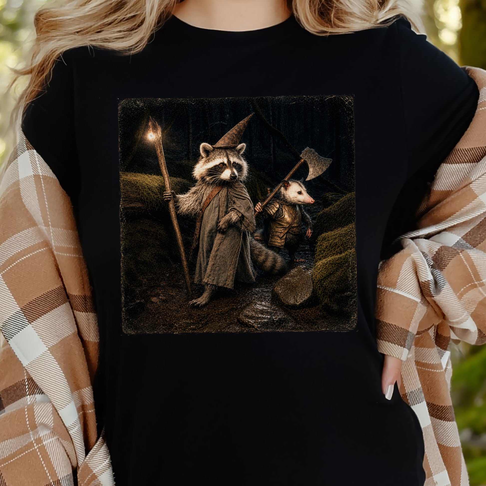 Wand & Axe Wizard Raccoon and Opossum Tabletop Fantasy T-Shirt