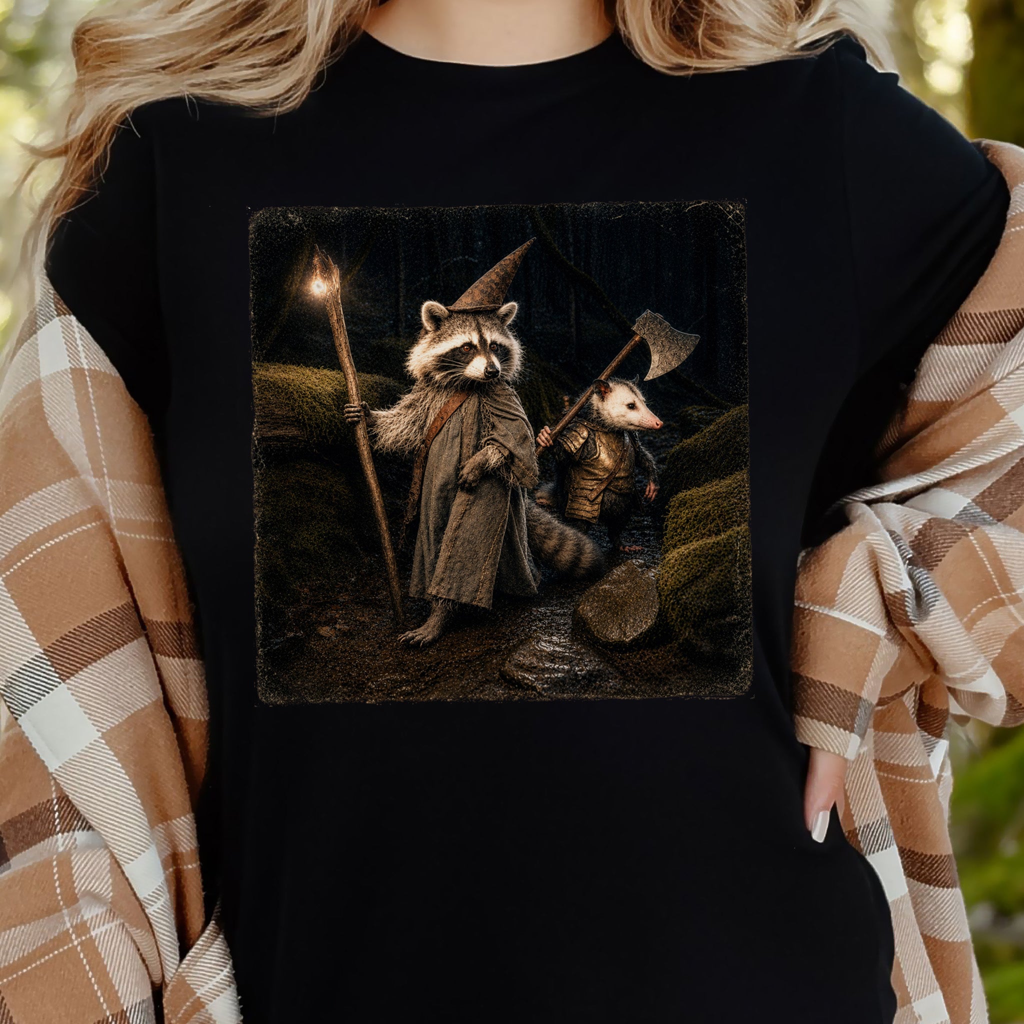 Wand & Axe Wizard Raccoon and Opossum Tabletop Fantasy T-Shirt