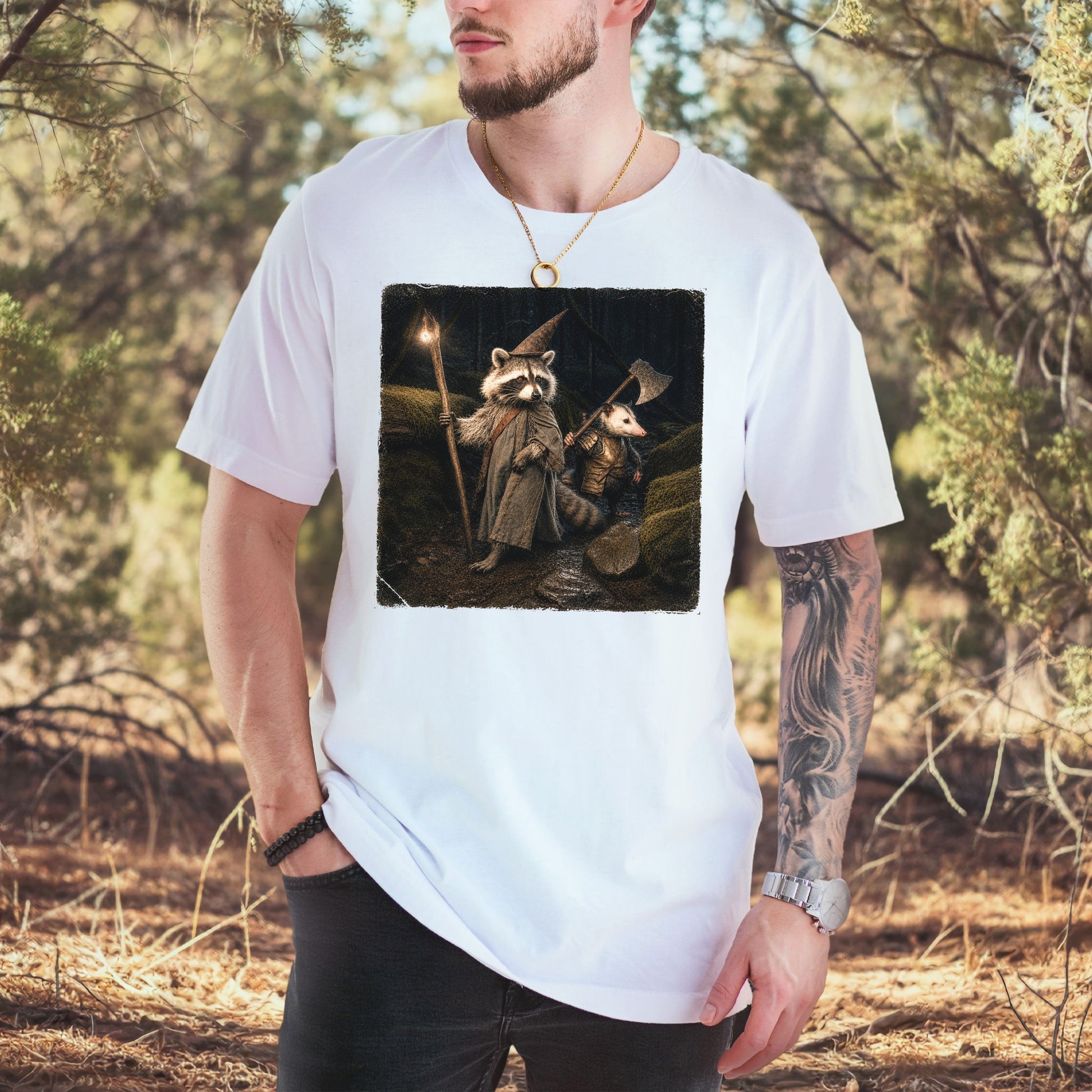 Wand & Axe Wizard Raccoon and Opossum Tabletop Fantasy T-Shirt
