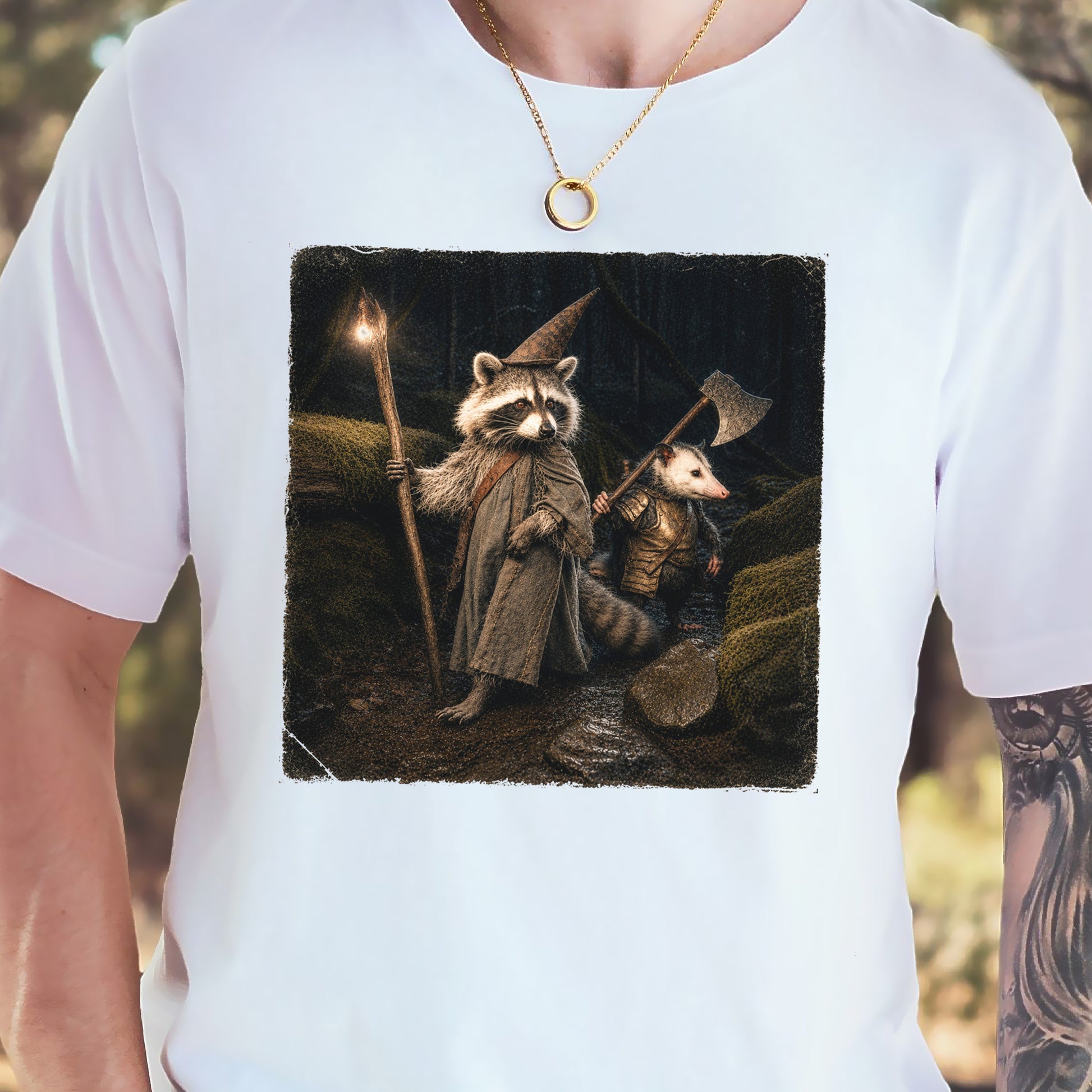 Wand & Axe Wizard Raccoon and Opossum Tabletop Fantasy T-Shirt