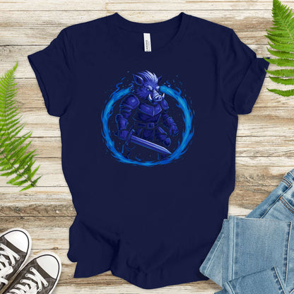 ColdFire Warthog Warrior fantasy t-shirt featuring a tusked beast in blue fire, perfect for DnD and RPG fans.