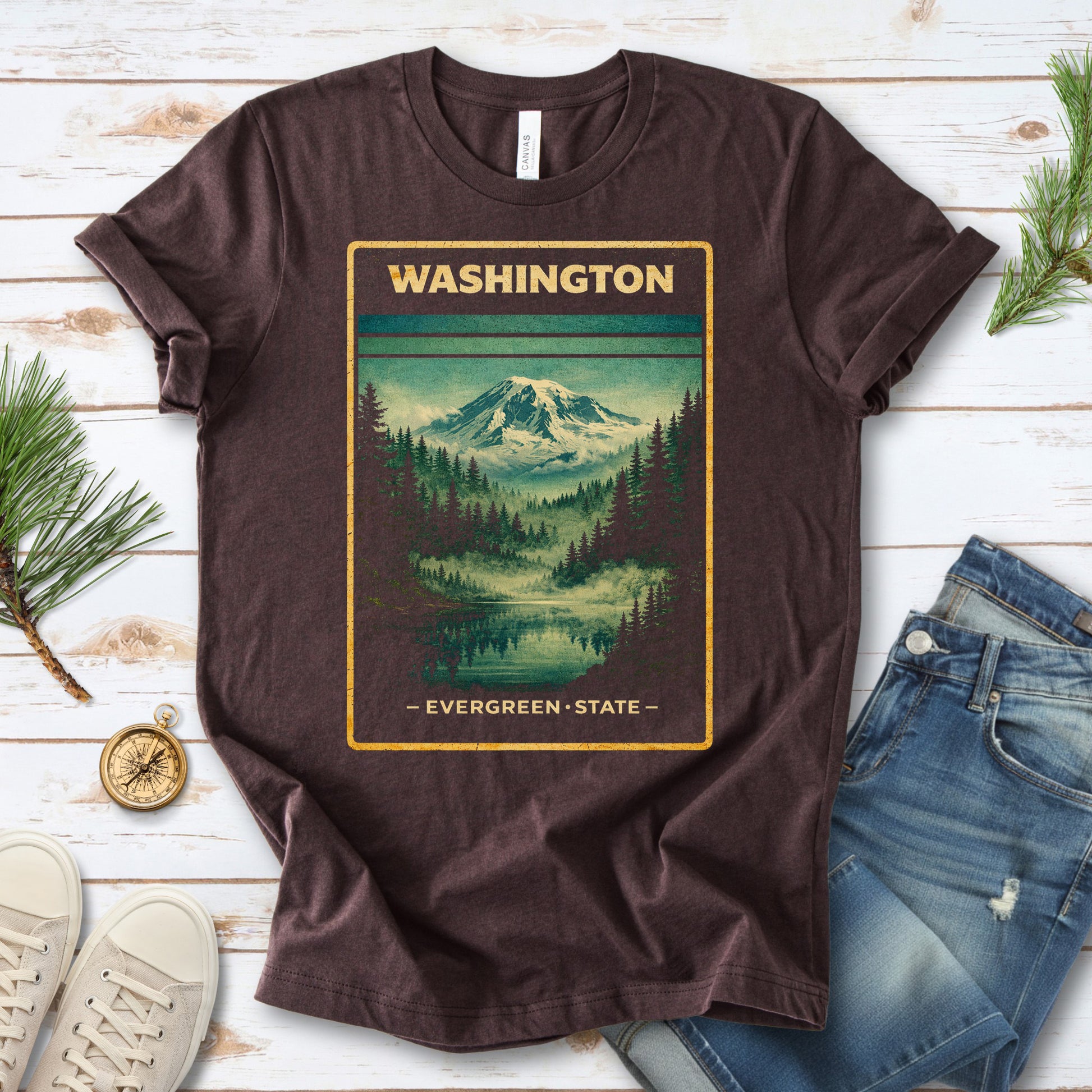 Washington Evergreen State Mountain Lake Vintage Nature T-Shirt