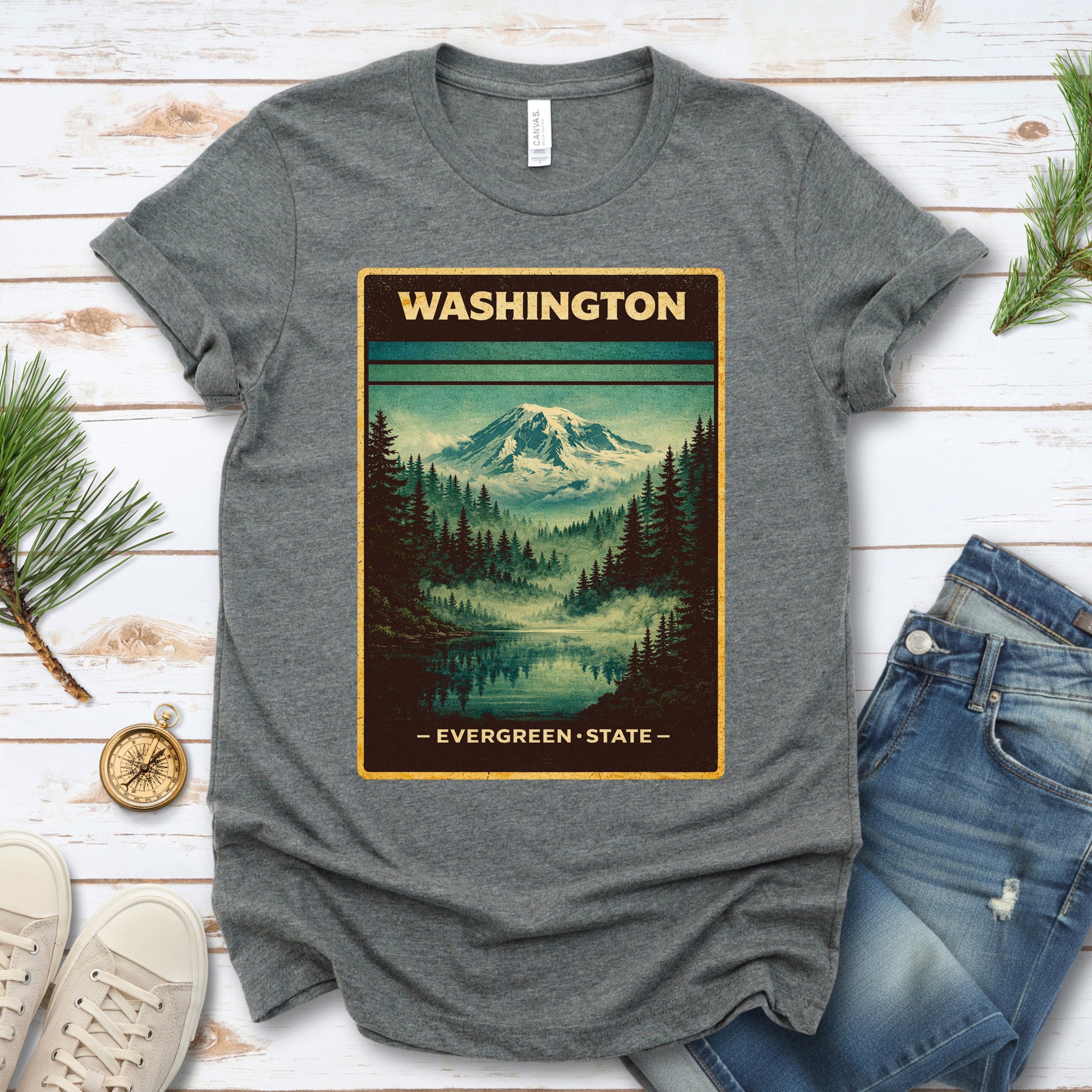 Washington Evergreen State Mountain Lake Vintage Nature T-Shirt