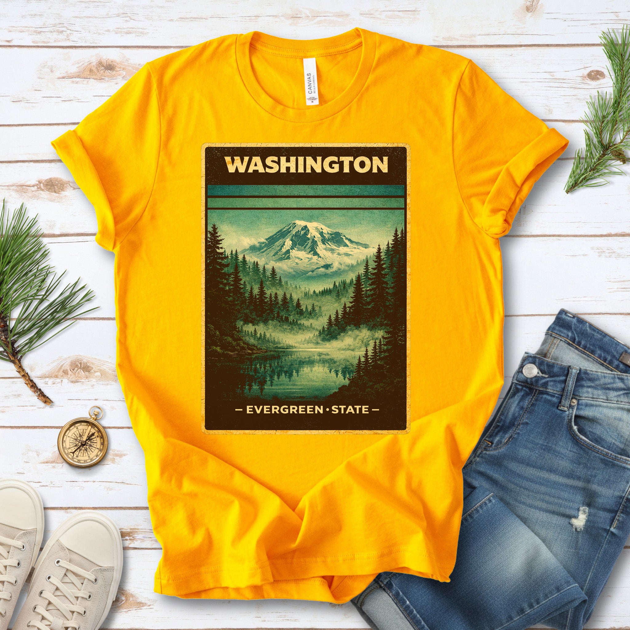 Washington Evergreen State Mountain Lake Vintage Nature T-Shirt