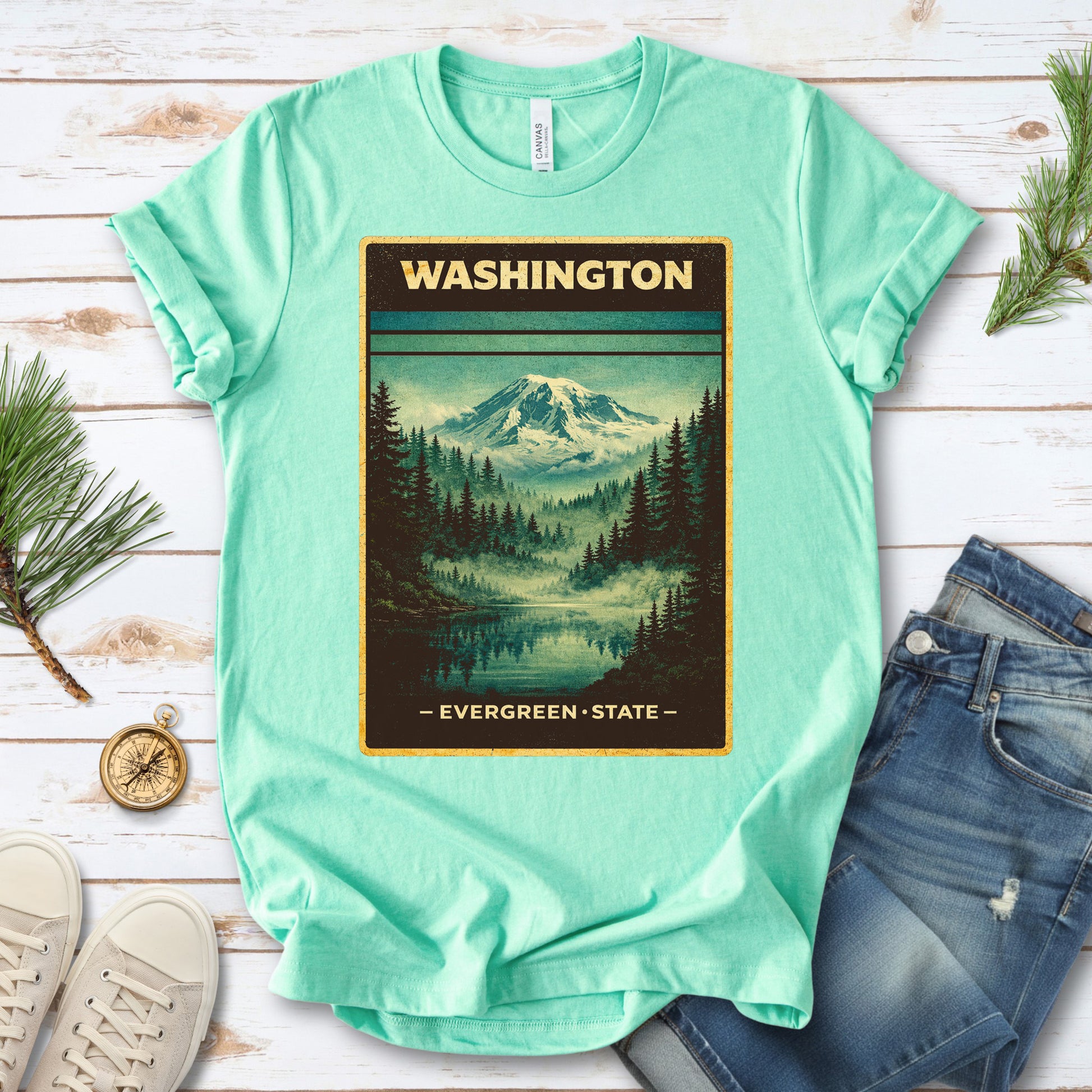 Washington Evergreen State Mountain Lake Vintage Nature T-Shirt