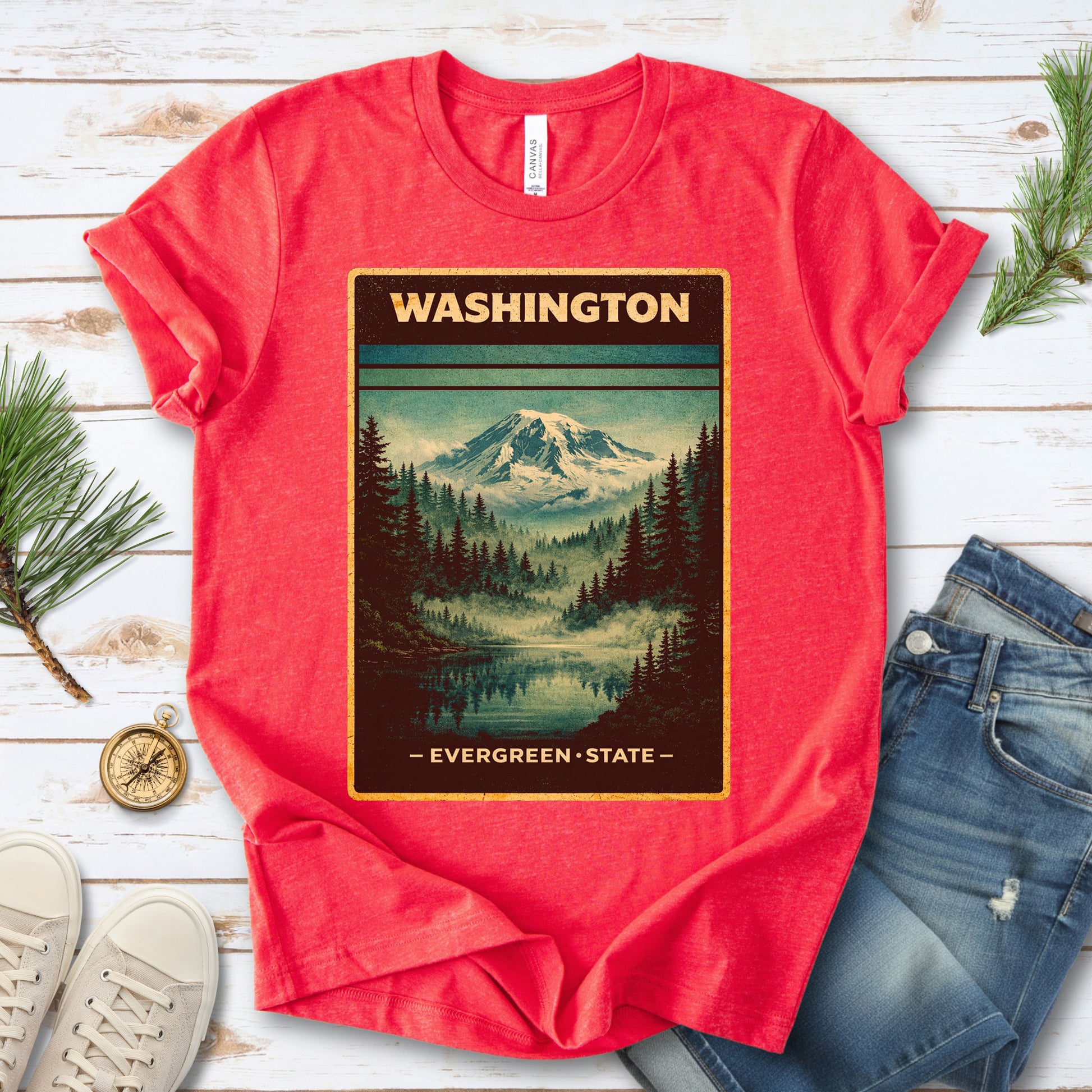Washington Evergreen State Mountain Lake Vintage Nature T-Shirt